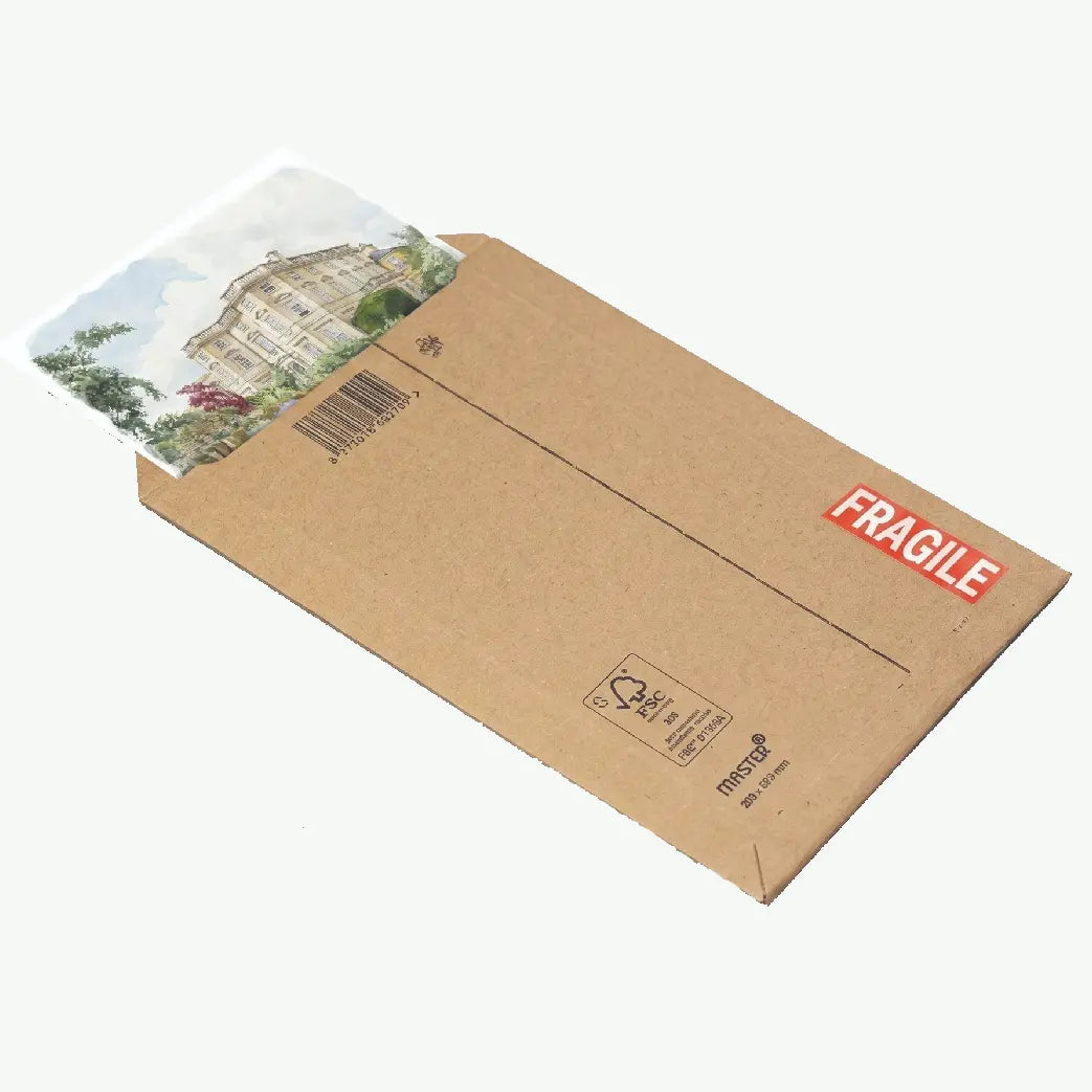 Rigid cardboard mailer designed for the safe packaging and delivery of small art prints and illustrations.