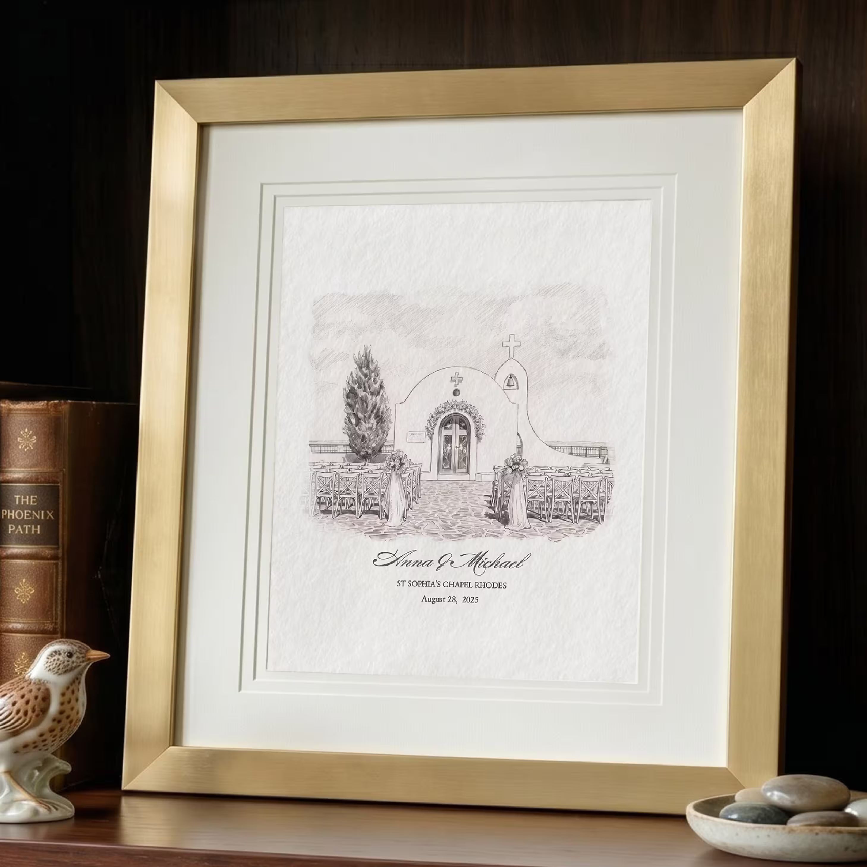 Pencil sketch line art version of St Sophia's Chapel in Rhodes, a fine line drawing of the seaside Greek wedding chapel offered as an alternative to the watercolor portrait