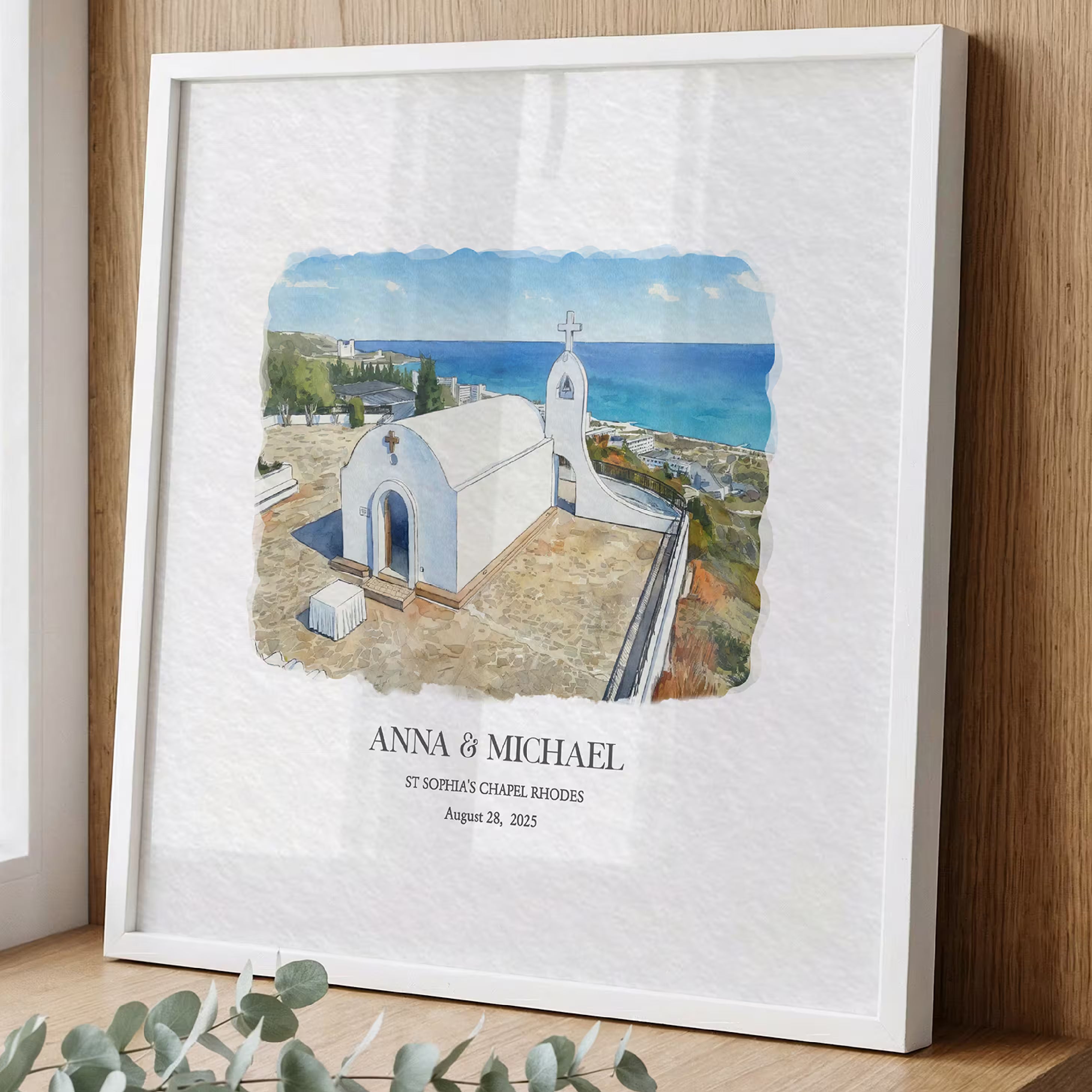 Personalised St Sophia's Chapel Rhodes wedding venue portrait with the couple names Anna and Mark and their wedding date shown beneath the illustration