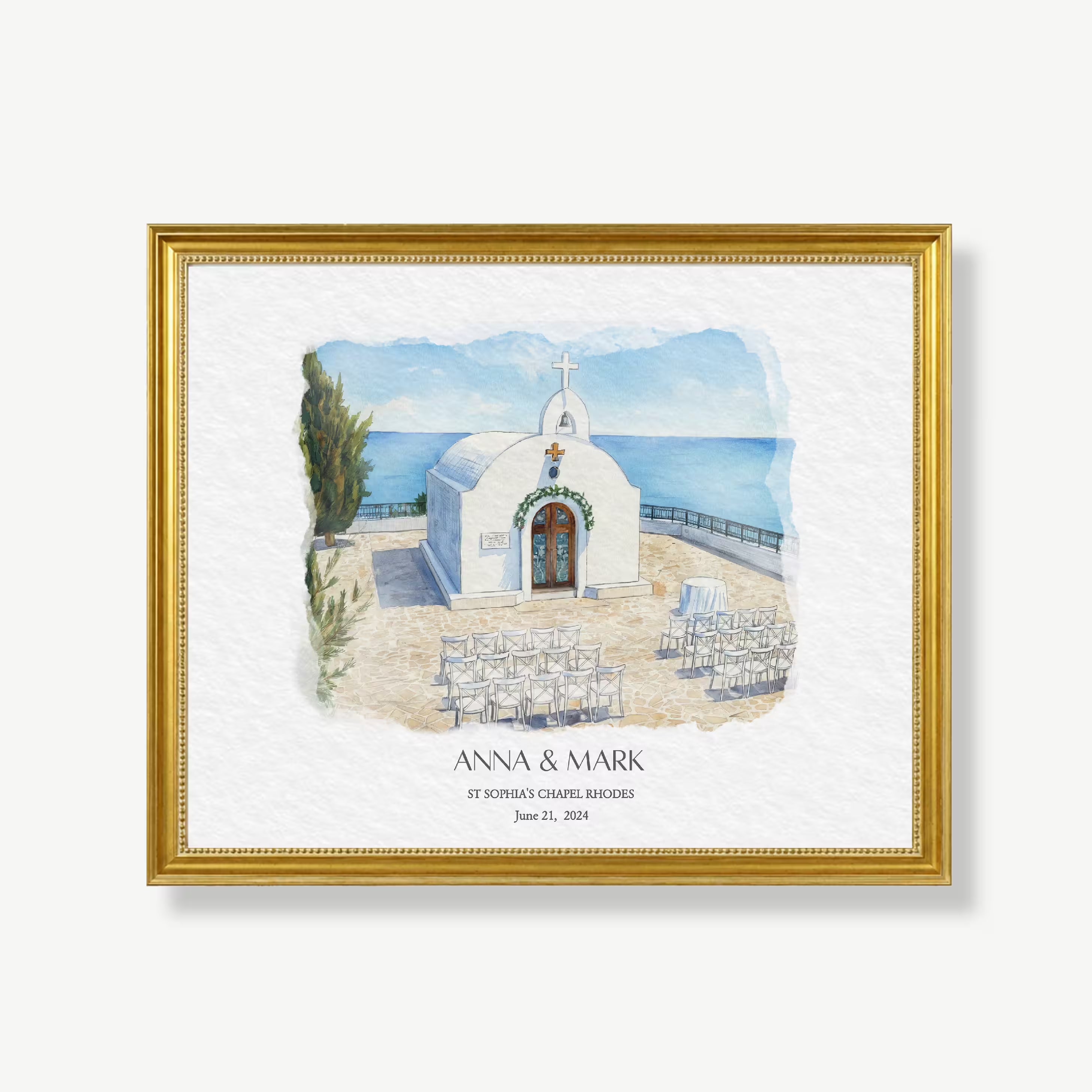 St Sophia's Chapel Rhodes watercolor portrait presented in a gold beaded frame, a destination wedding gift fine art printed on premium watercolor paper