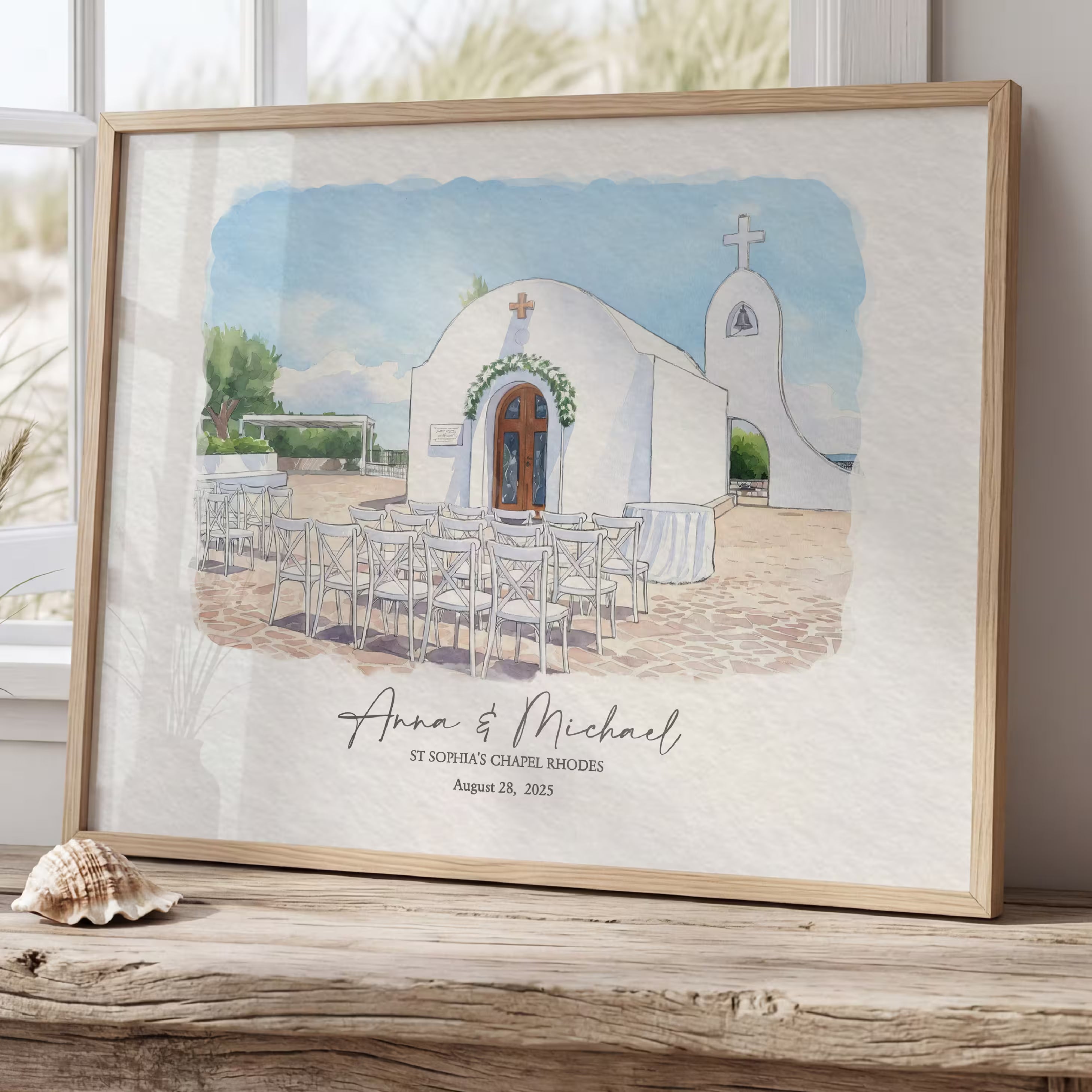 Custom watercolor portrait of St Sophia's Chapel in Rhodes, a white Greek Orthodox chapel by the sea with a cypress tree and ceremony chairs, created as a wedding venue anniversary gift