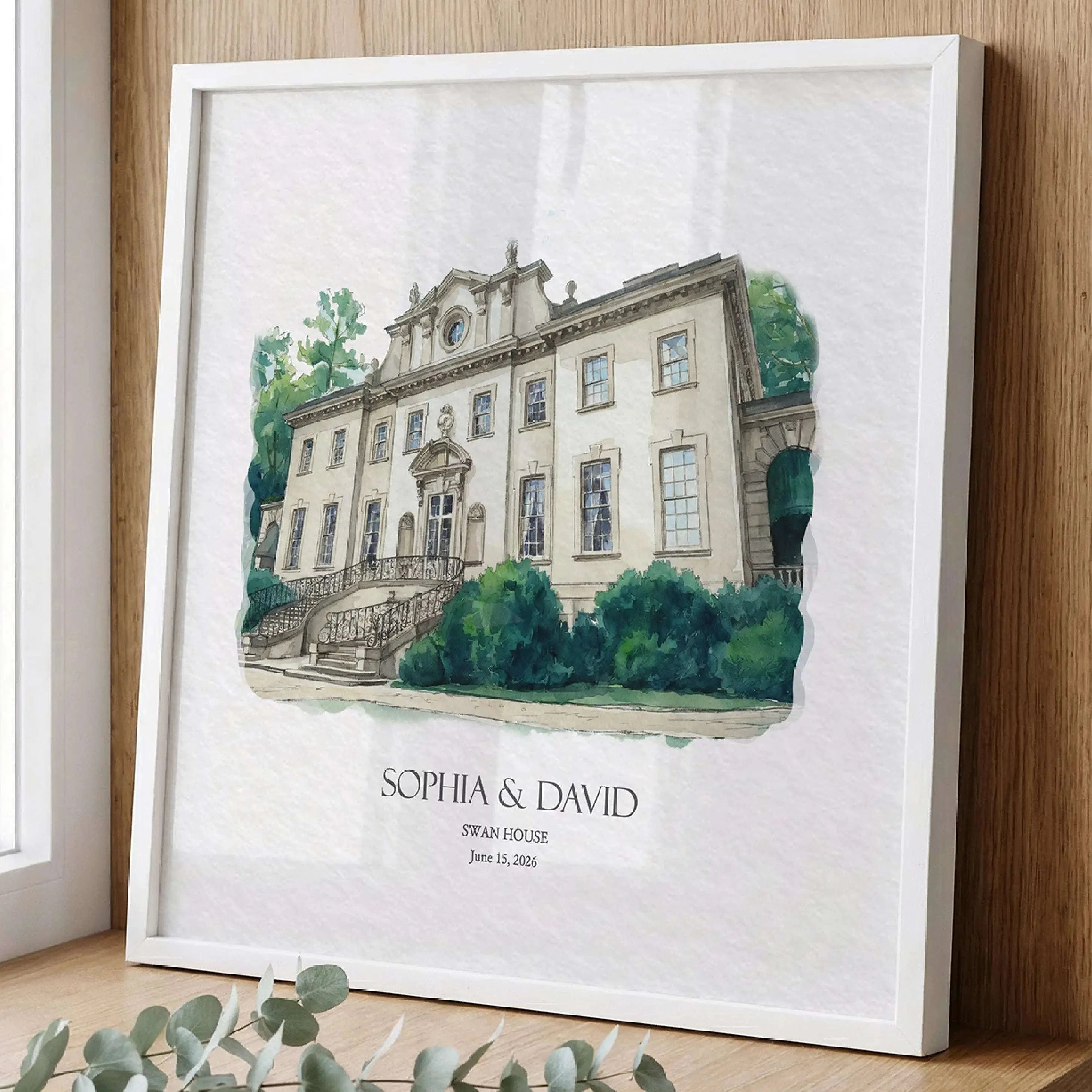 Custom watercolor portrait of Swan House wedding venue created from a cherished wedding photograph. Featuring the elegant estate, grand staircase, and formal landscaping, this personalized artwork is a thoughtful wedding gift and one year anniversary present for couples.
