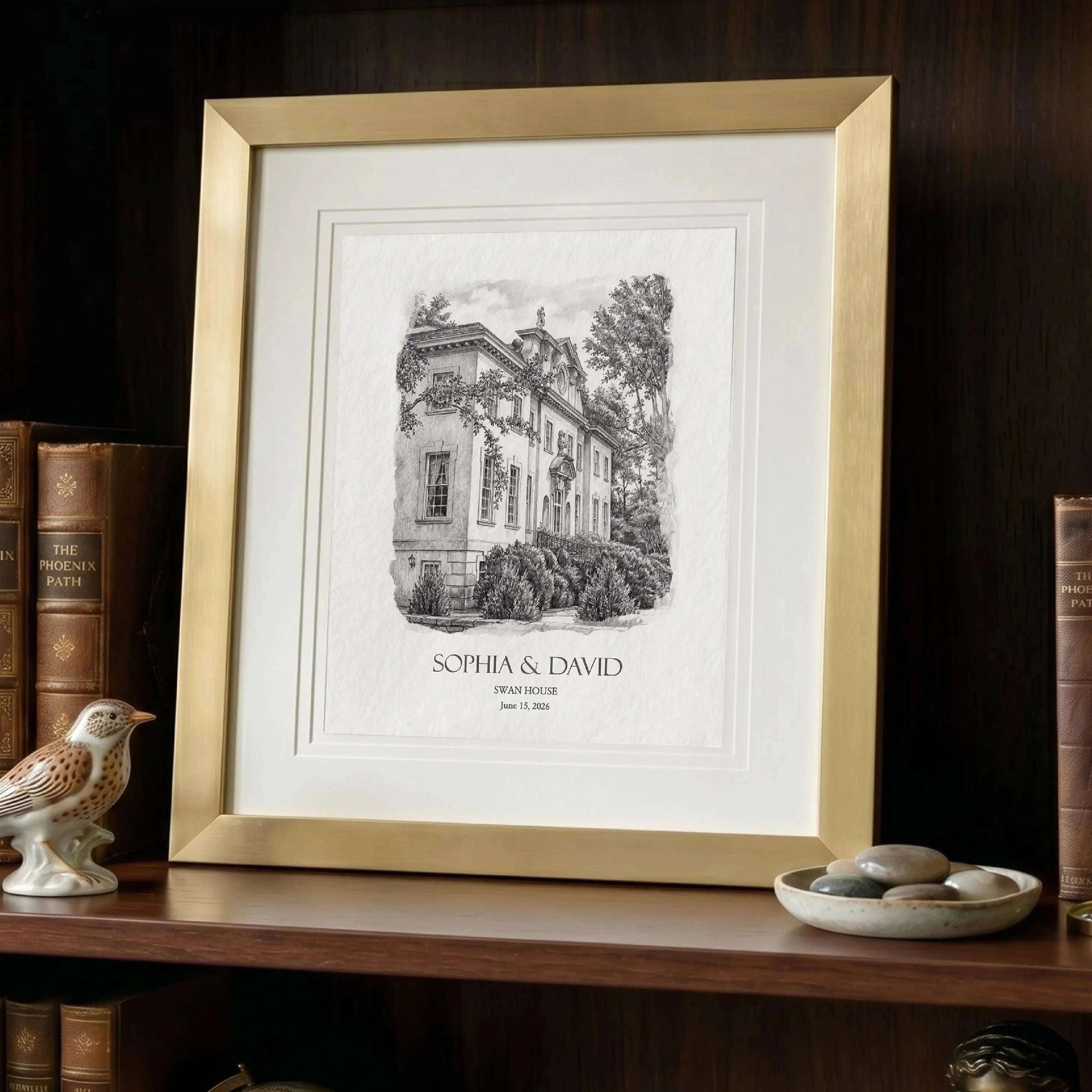 Detailed pencil sketch of Swan House wedding venue in Atlanta, hand-drawn from a wedding photograph. This custom architectural illustration highlights the mansion’s historic design and serves as a meaningful paper anniversary gift and personalized wedding keepsake.