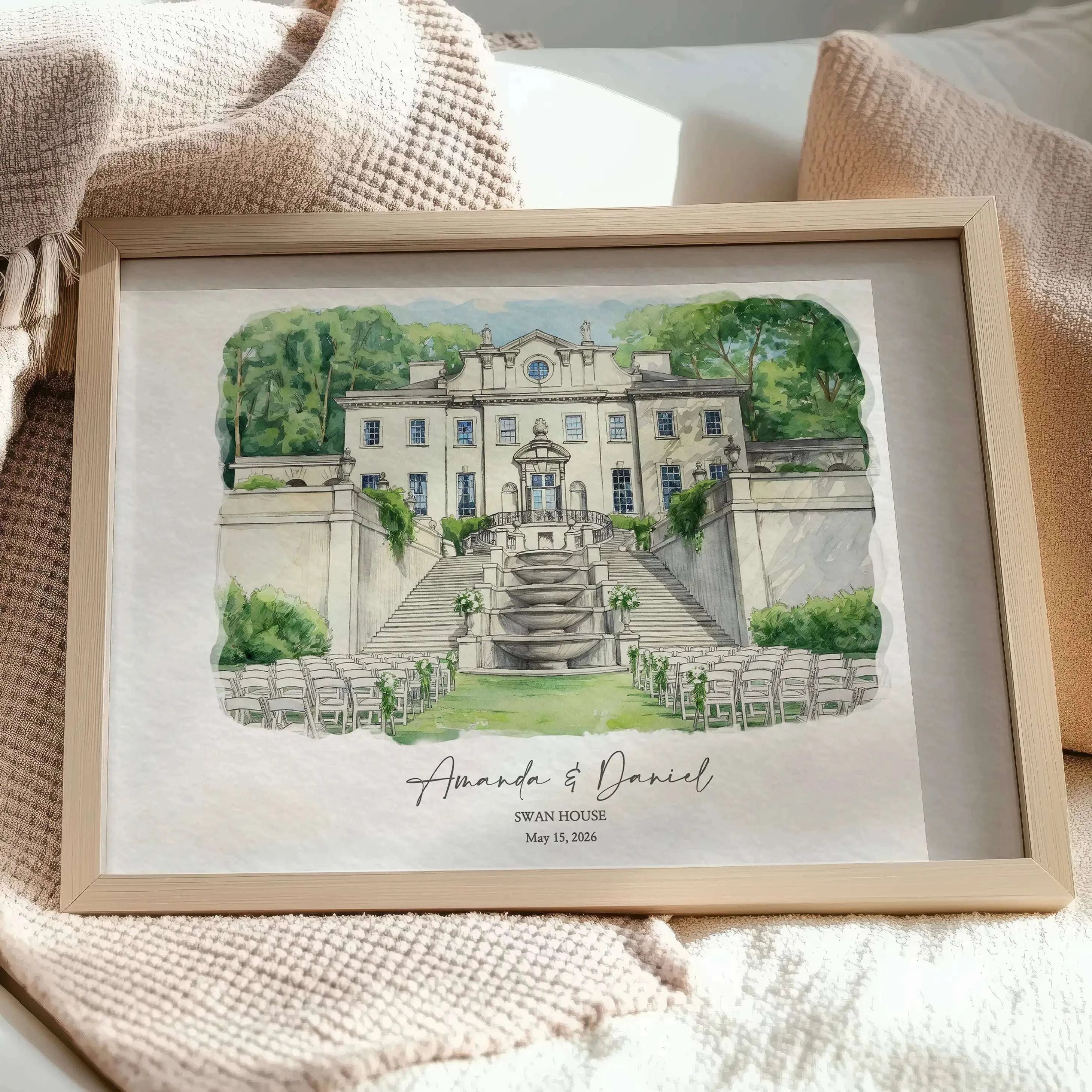 Personalized venue portrait of Swan House, Atlanta’s iconic historic mansion, painted in watercolor from a wedding photo. A custom wedding venue keepsake designed to celebrate a couple’s love story, wedding day memories, and first anniversary.