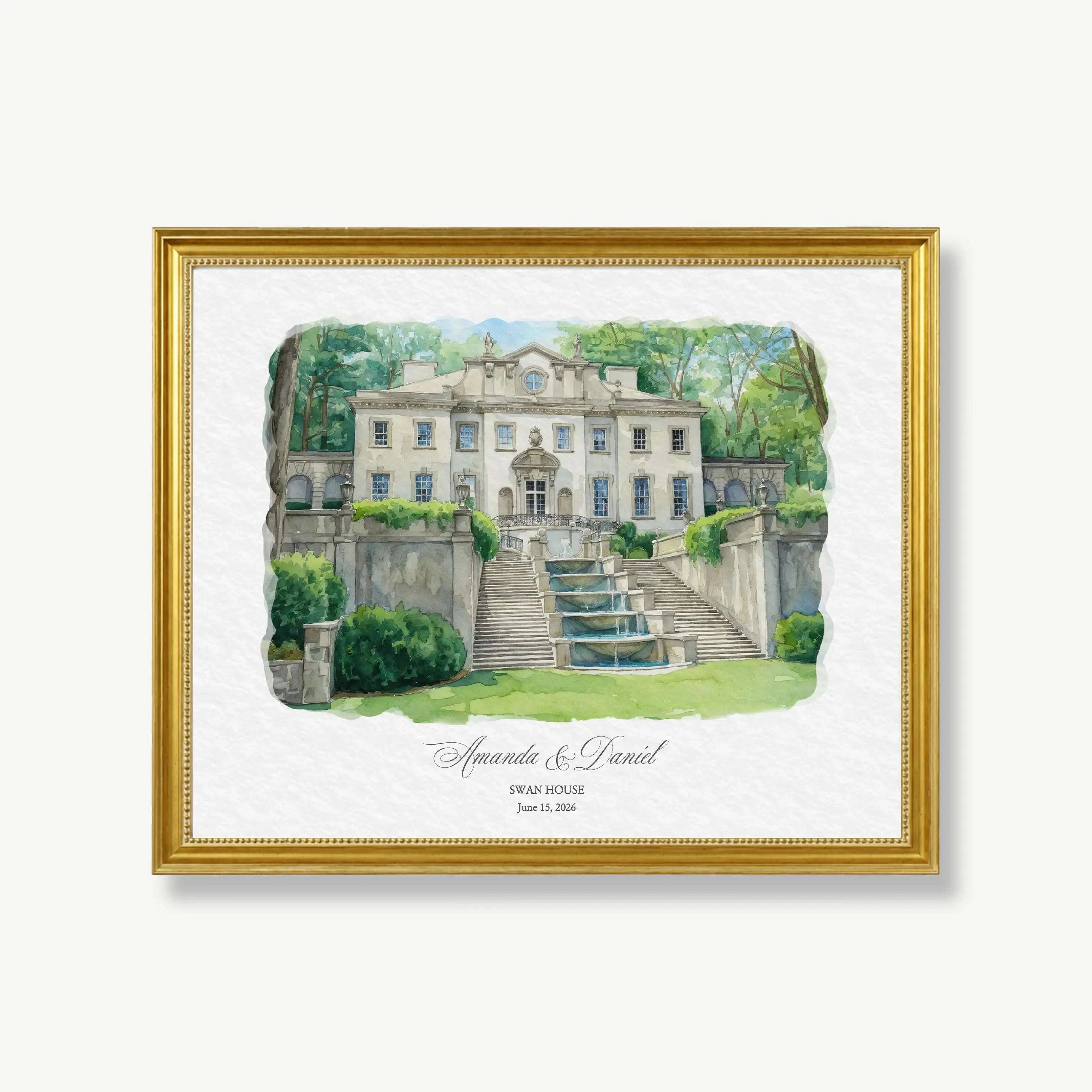 Personalized watercolor portrait of Swan House in Atlanta, Georgia, created from a wedding photograph. Custom wedding venue artwork featuring the iconic historic mansion, cascading fountain staircase, and formal gardens, designed as a meaningful one year anniversary gift and wedding keepsake for couples.