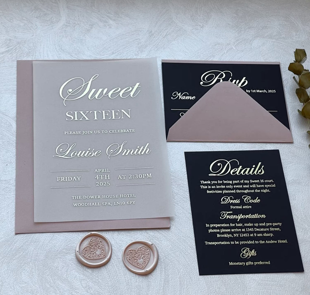Sweet 16 birthday invitations on soft vellum, foil script glowing through the translucent sheet.