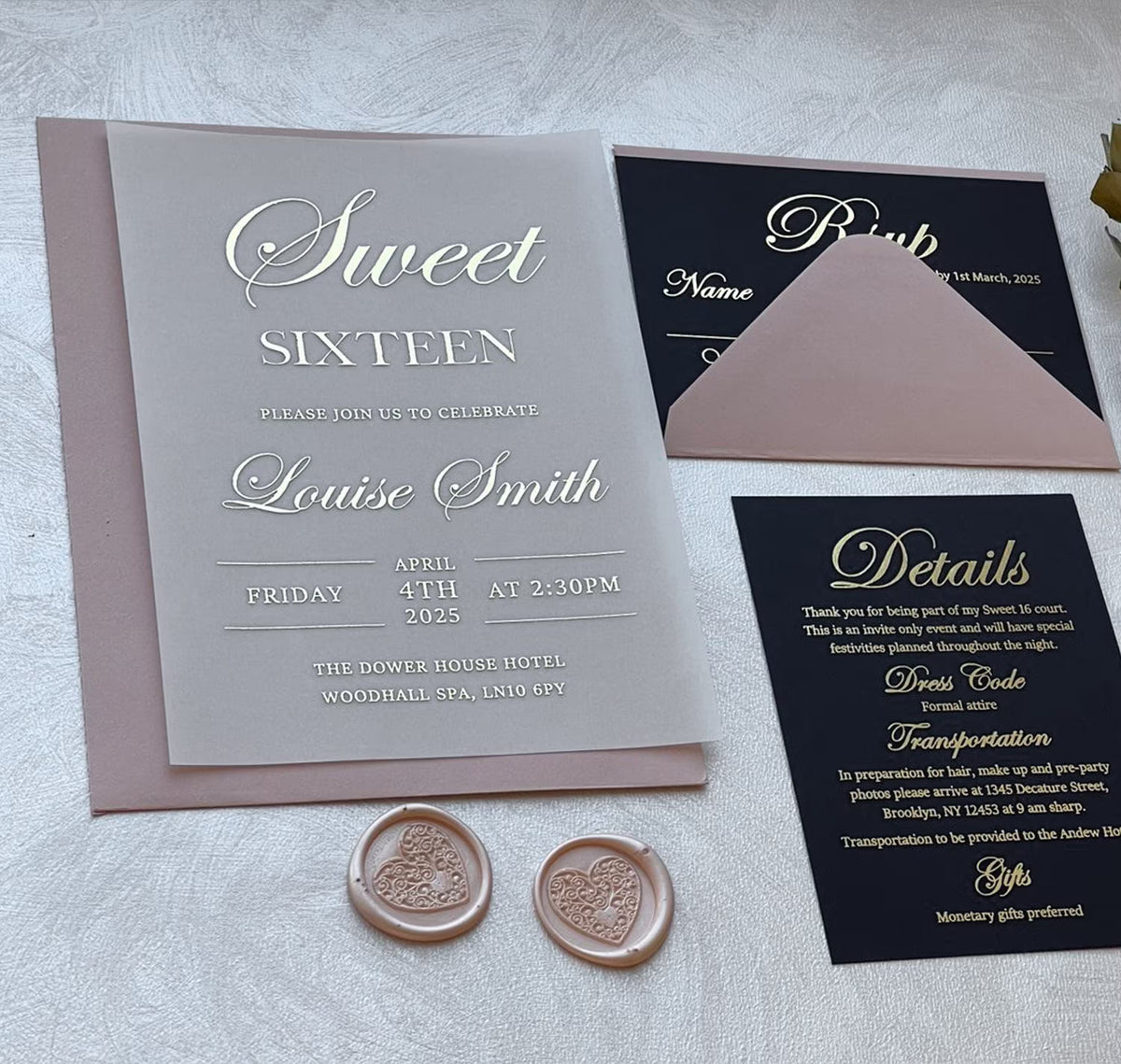Sweet 16 invitations on vellum shown with an envelope, a personalized birthday invitation set for her big night.