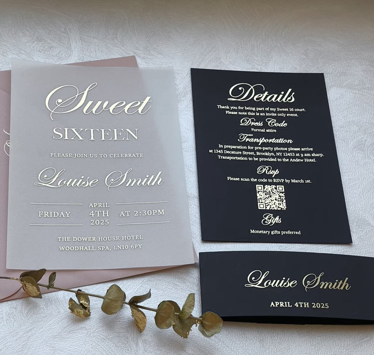 Personalized sweet 16 party invitations on vellum, a 16th birthday invitation with elegant foil details.