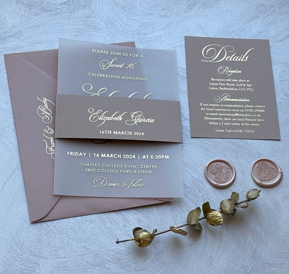 Personalized sweet sixteen invitation suite on vellum with foil script, a 16th birthday invitation for any celebration.