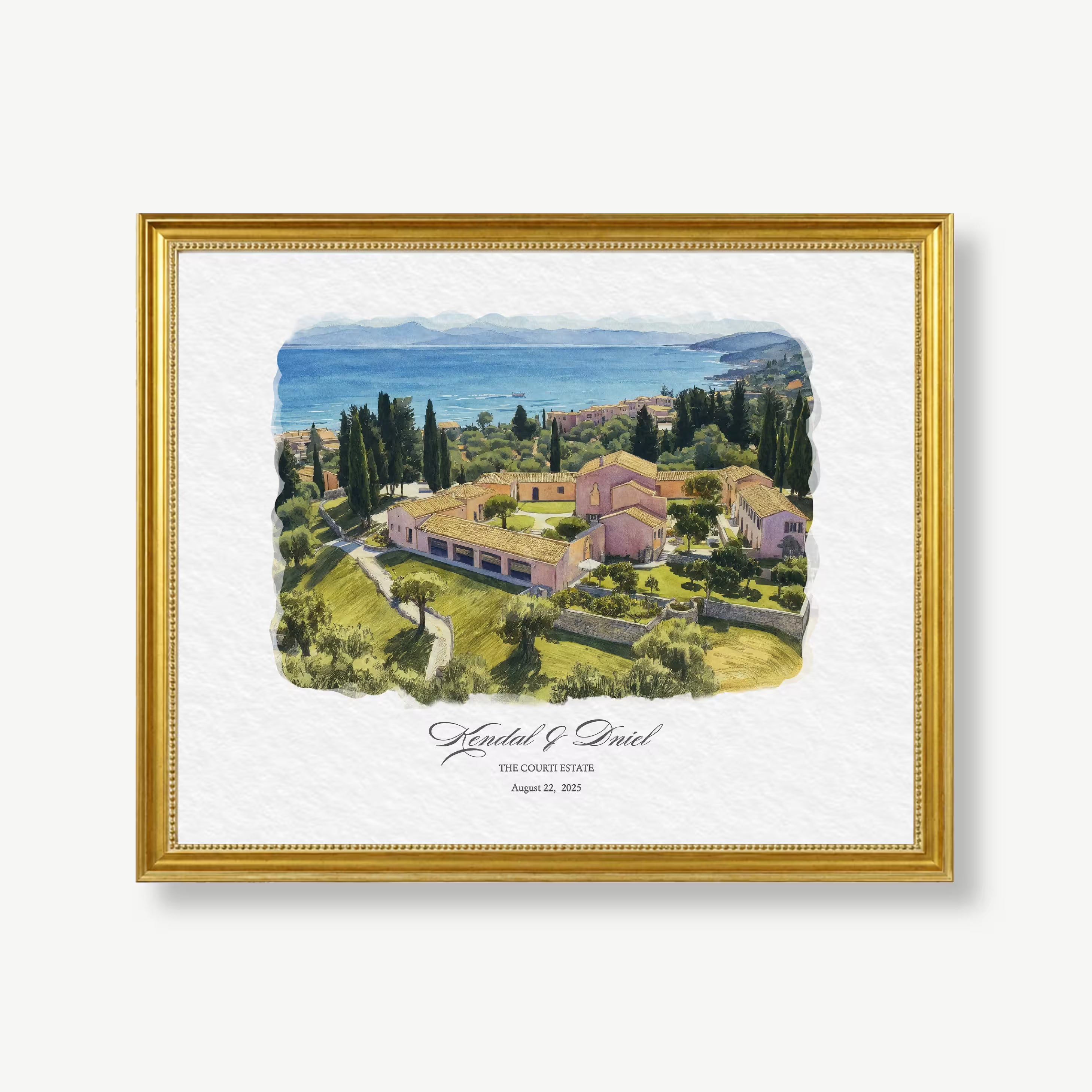 Custom watercolor portrait of The Courti Estate in Corfu, a Mediterranean estate with terracotta rooftops, cypress and olive trees above the sea, created as a wedding venue anniversary gift