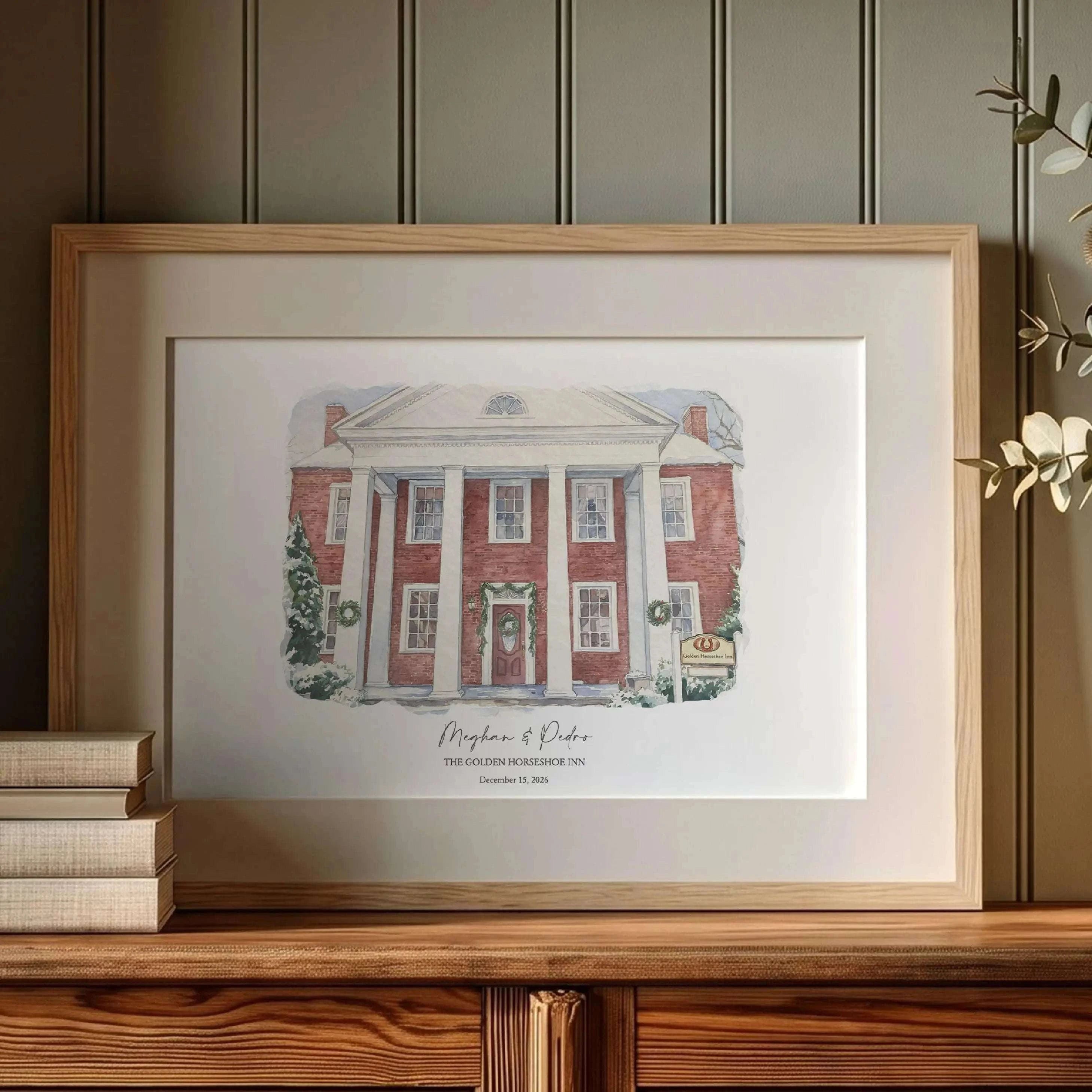 Close-up view of a custom watercolor portrait of The Golden Horseshoe Inn, showcasing fine architectural details and handcrafted artistry. This personalized wedding venue portrait is a meaningful first anniversary gift, paper anniversary gift, and lasting reminder of a couple’s wedding day.