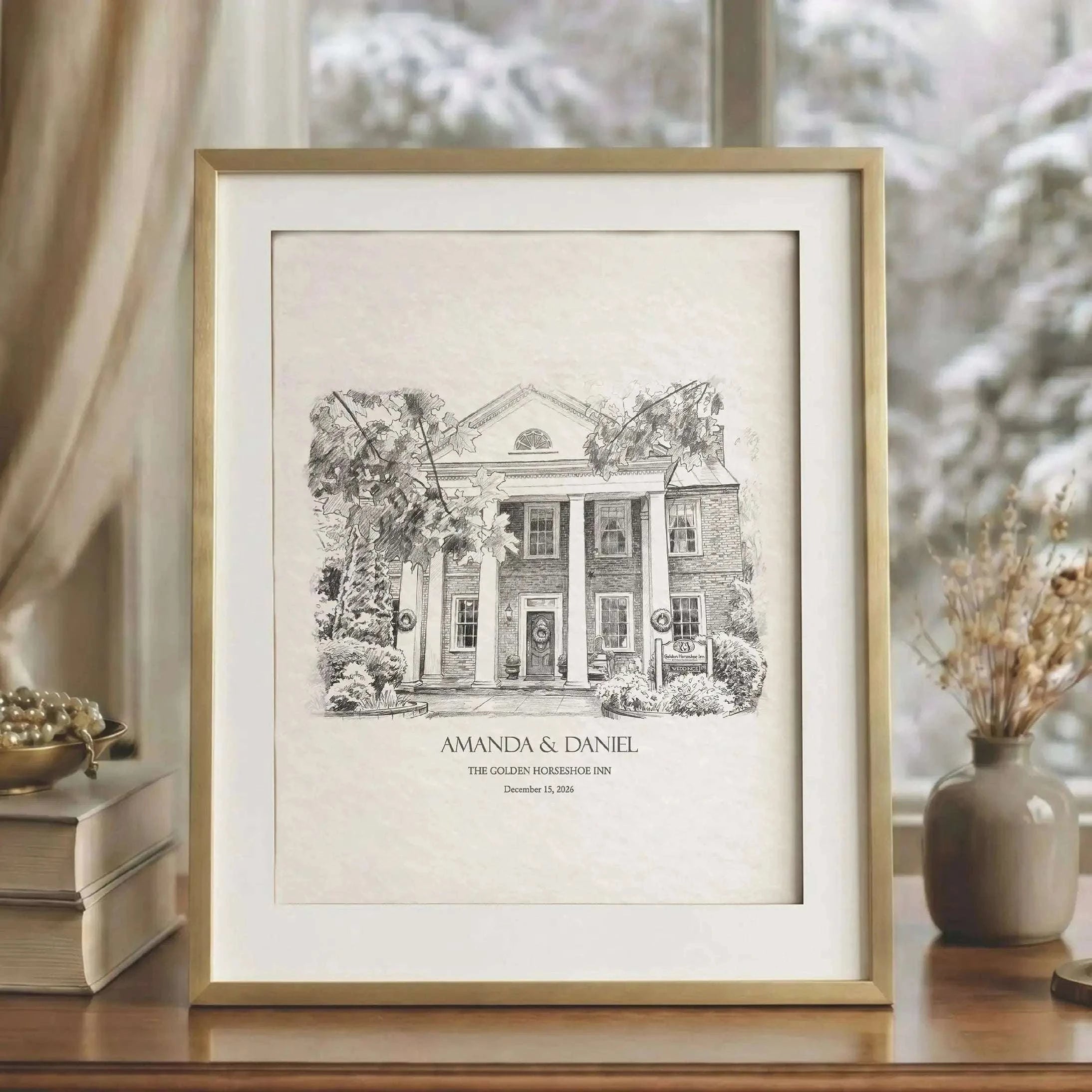 Detailed pencil sketch of The Golden Horseshoe Inn wedding venue, custom architectural drawing created from a wedding photograph. This personalized venue artwork highlights the elegant architecture and historic character of the inn, making a meaningful wedding keepsake, one year anniversary gift, or paper anniversary present for couples.