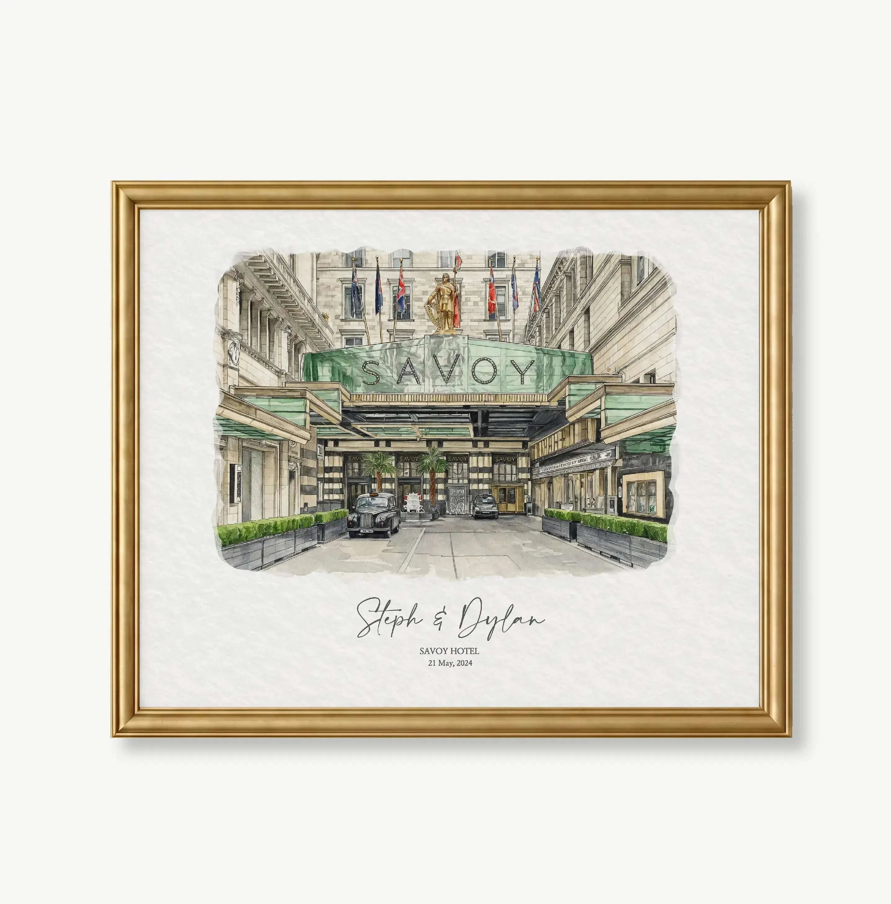 Custom architectural venue portrait of The Savoy Hotel London in elegant hand-painted watercolor and ink style, personalized one year anniversary gift for couples.