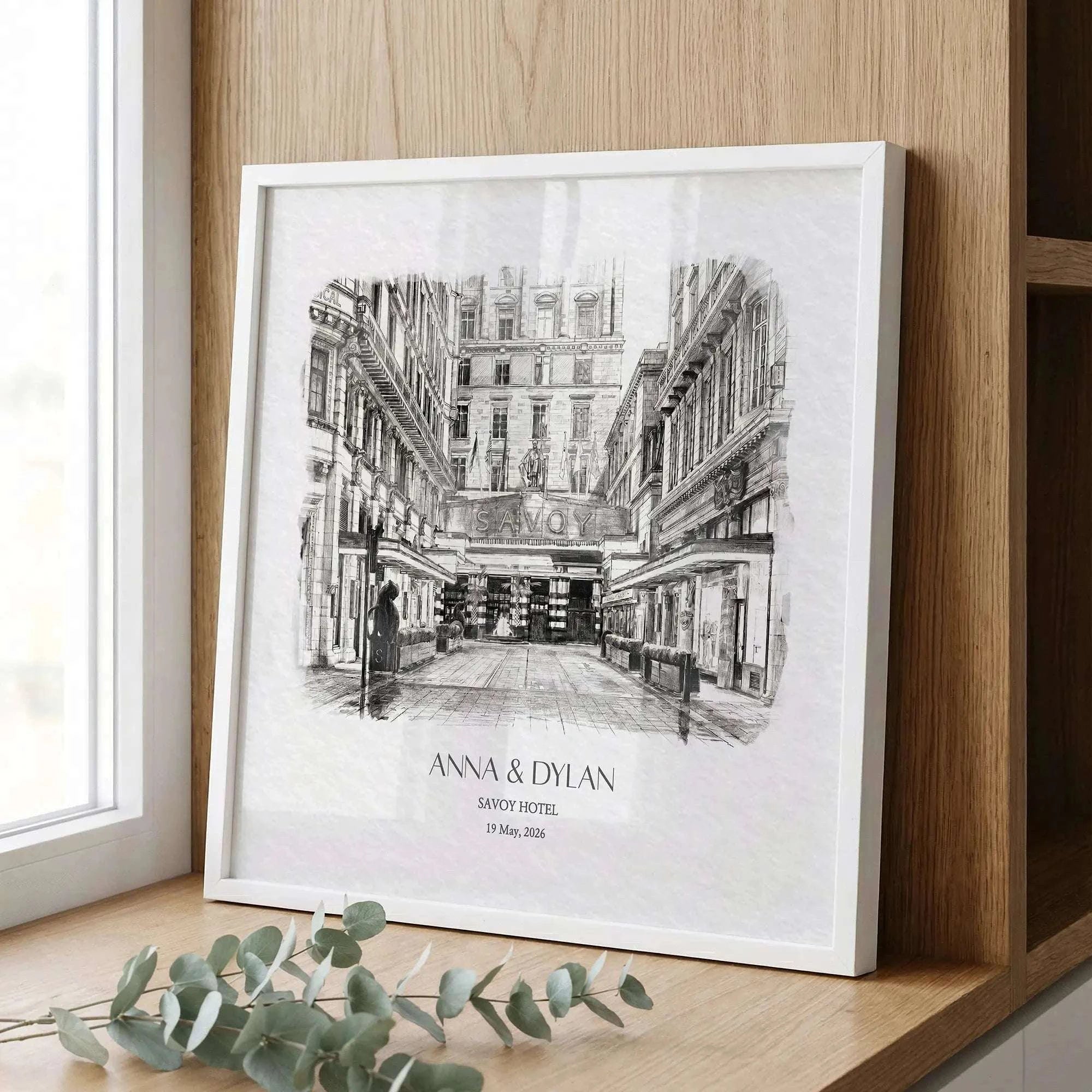 Custom architectural venue portrait of The Savoy Hotel London with fine ink line detailing and soft painterly textures, elegant one year anniversary gift for couples.