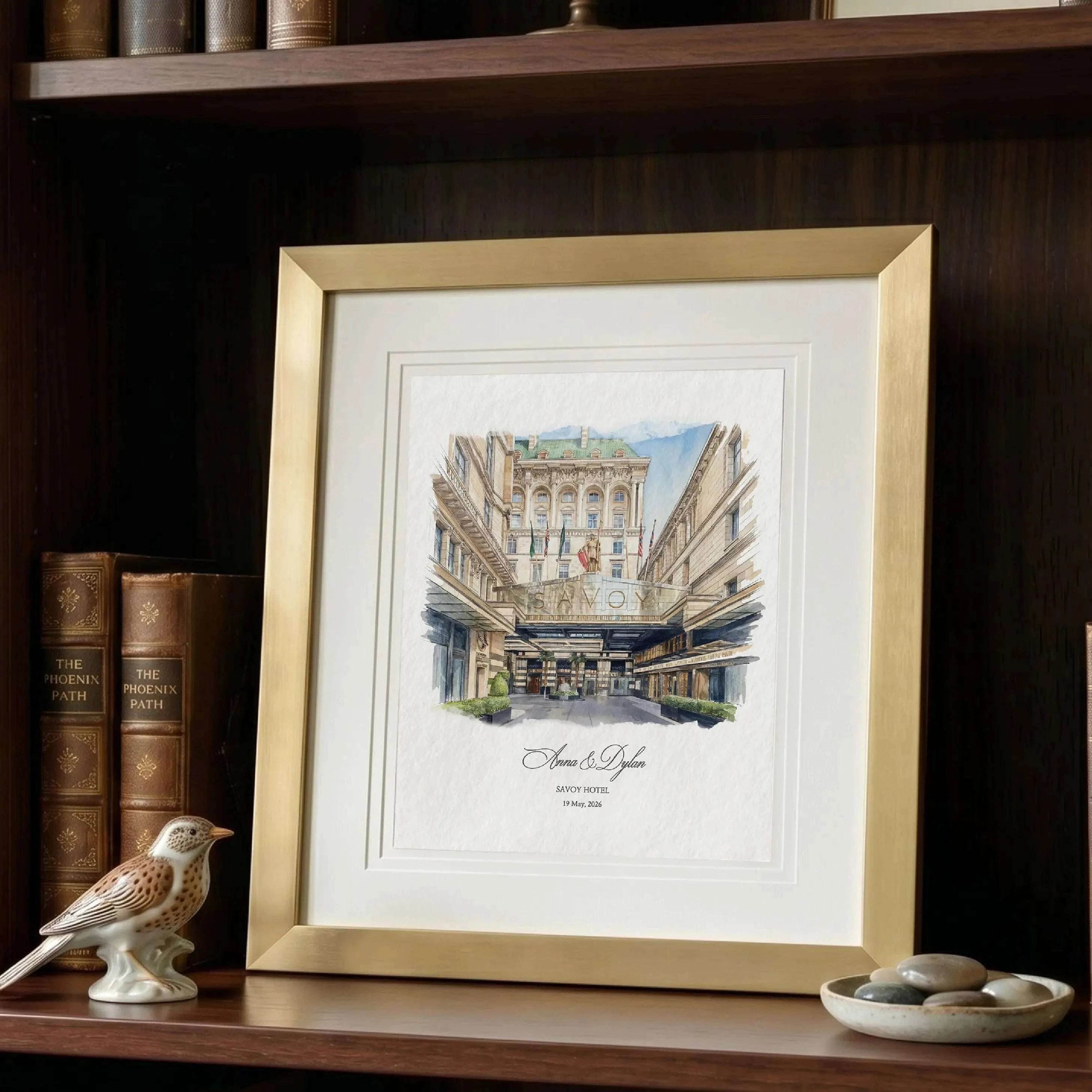 Personalized Savoy Hotel venue portrait featuring refined architectural linework and soft painterly textures, romantic one year anniversary gift idea.
