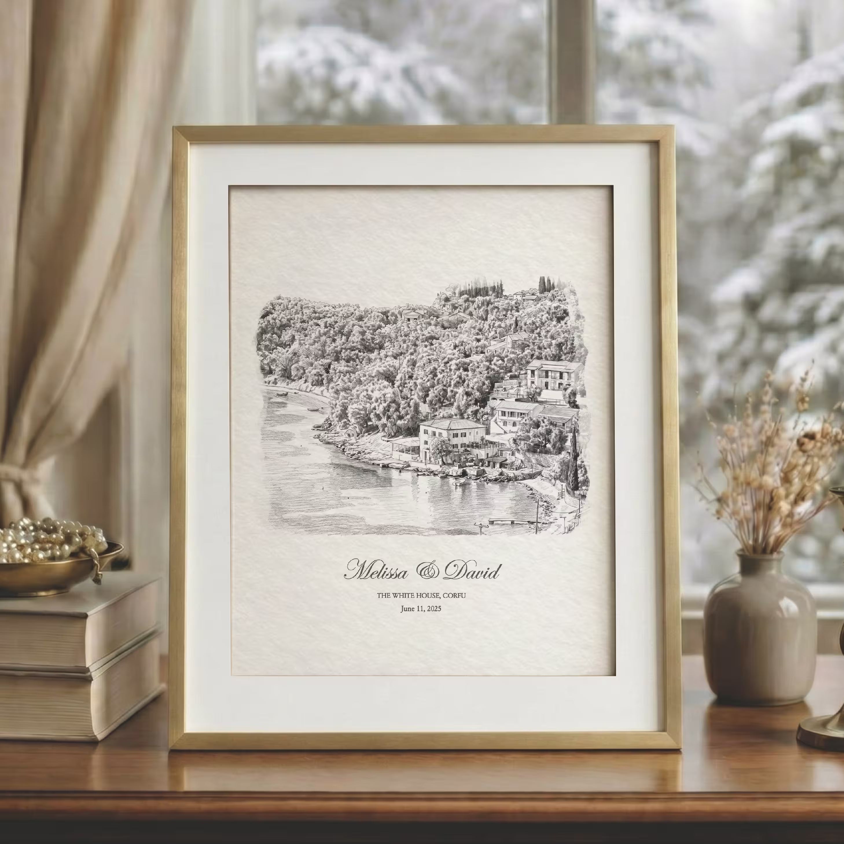Pencil sketch line art version of The White House in Corfu, a fine graphite drawing of the harbor and taverna offered as an alternative to the watercolor portrait