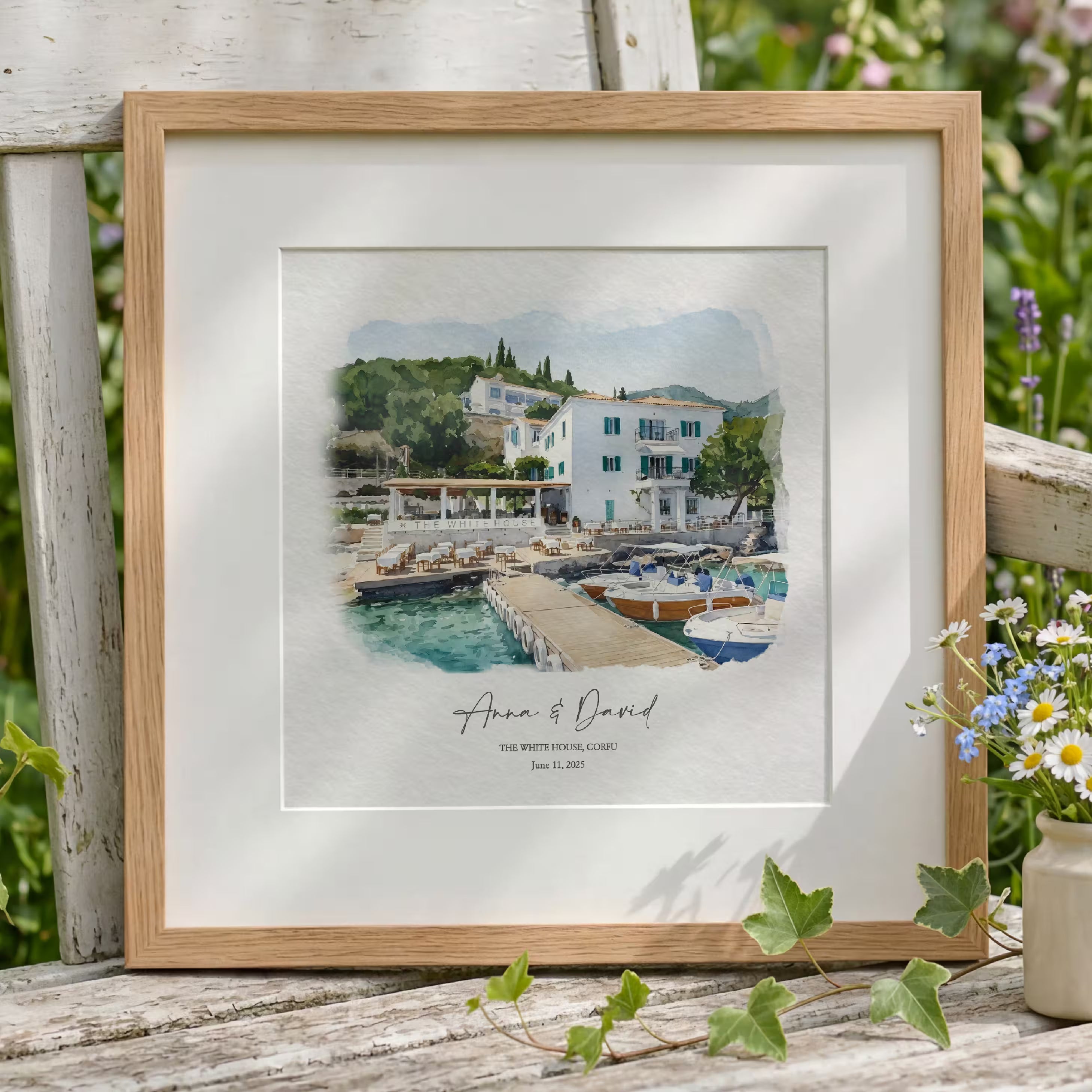 The White House Corfu watercolor portrait framed with a white mount, a Greece destination wedding gift fine art printed on premium watercolor paper with archival inks