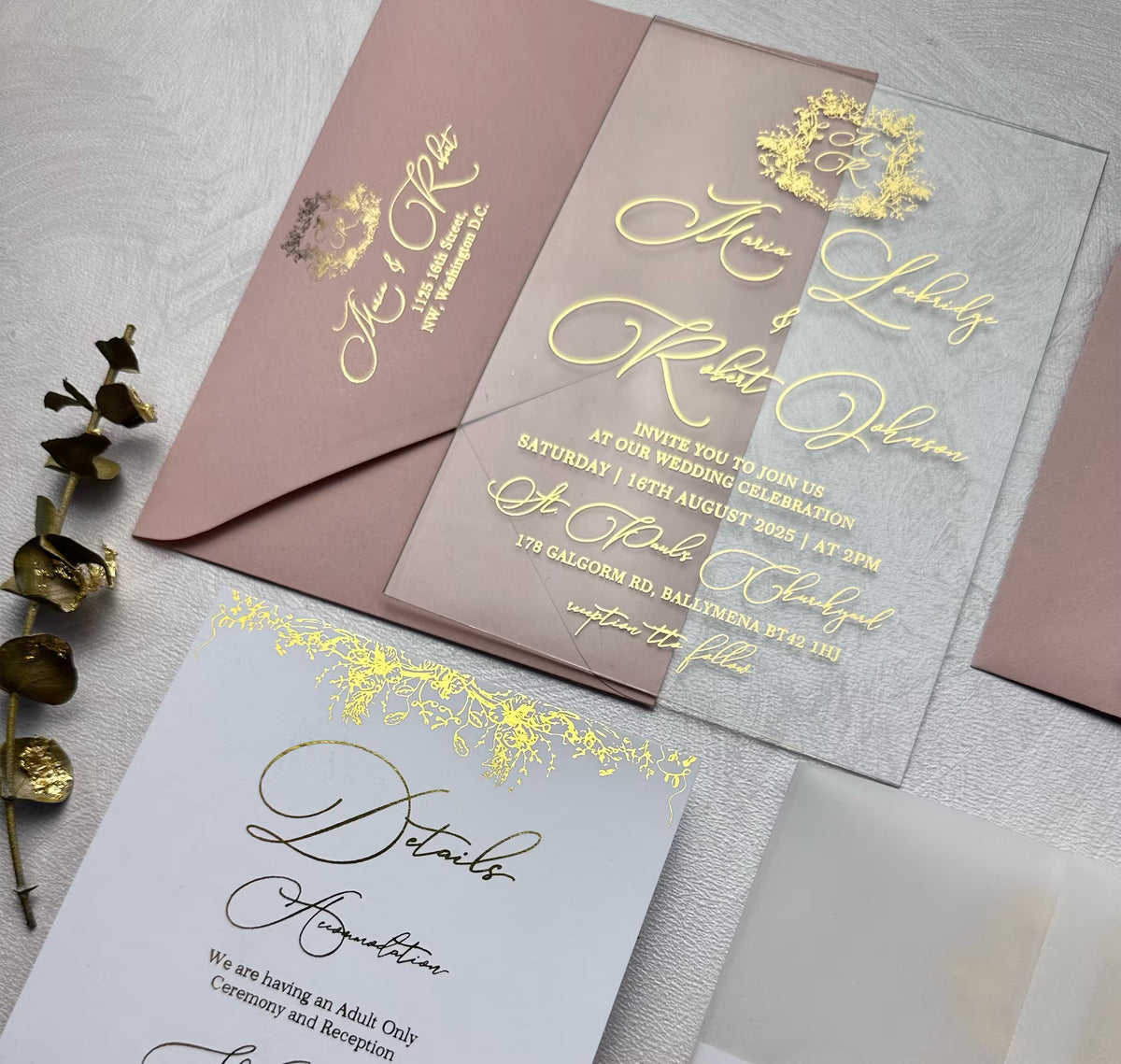 Personalized transparent acrylic wedding invitation with foil script names, date and venue