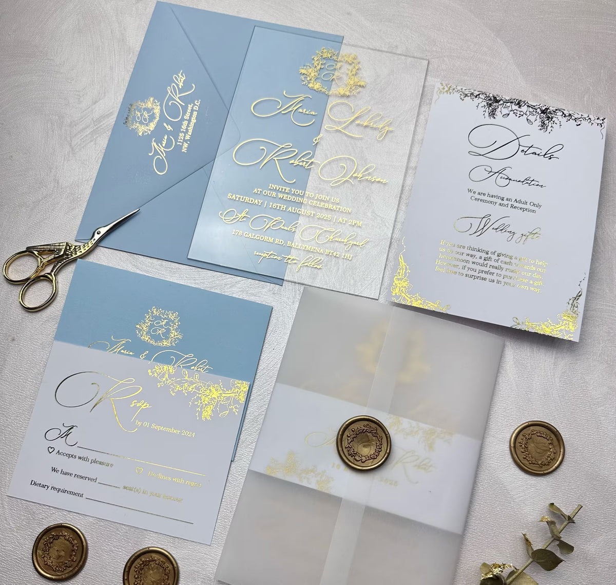Transparent wedding invitation suite with optional details card, RSVP card and floral foil border