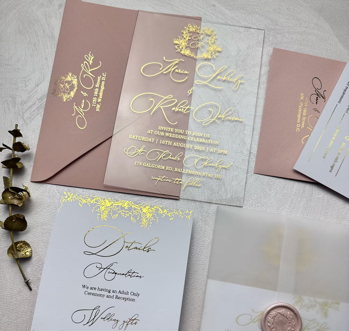 Transparent acrylic wedding invitation with optional vellum wrap, wax seal and envelope with crest