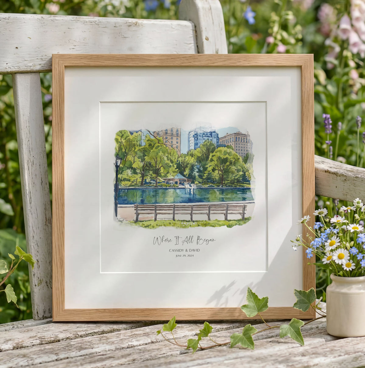 Unique anniversary gifts for couples, custom watercolor portrait framed art print, Bow Bridge Central Park