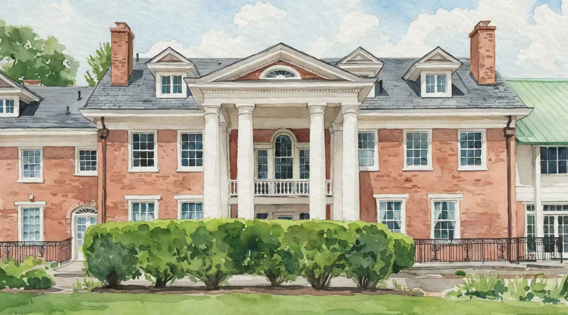 USA wedding venue watercolor banner, a red brick colonial mansion with white columns and a pedimented portico, setting the tone for custom watercolor venue portraits offered as anniversary and destination wedding gifts