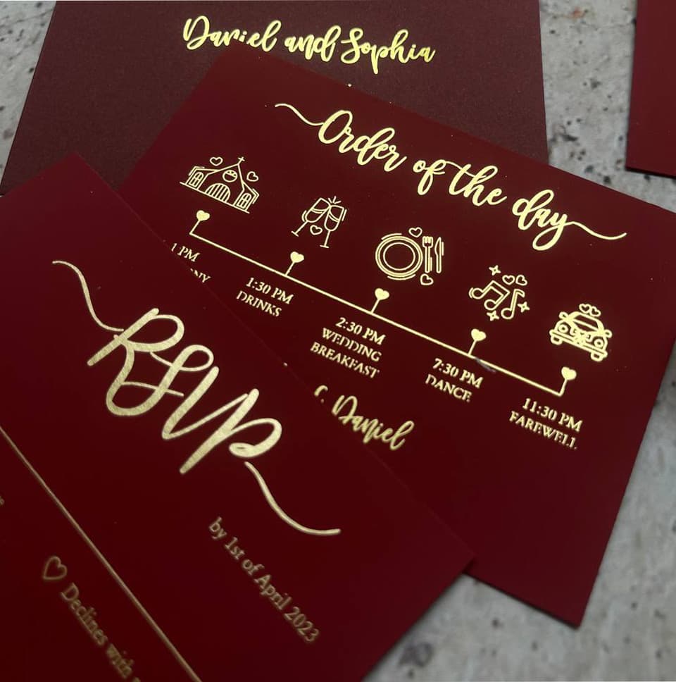 Vellum overlay wedding invitation with rose gold foil script and couple's photo, full suite laid flat