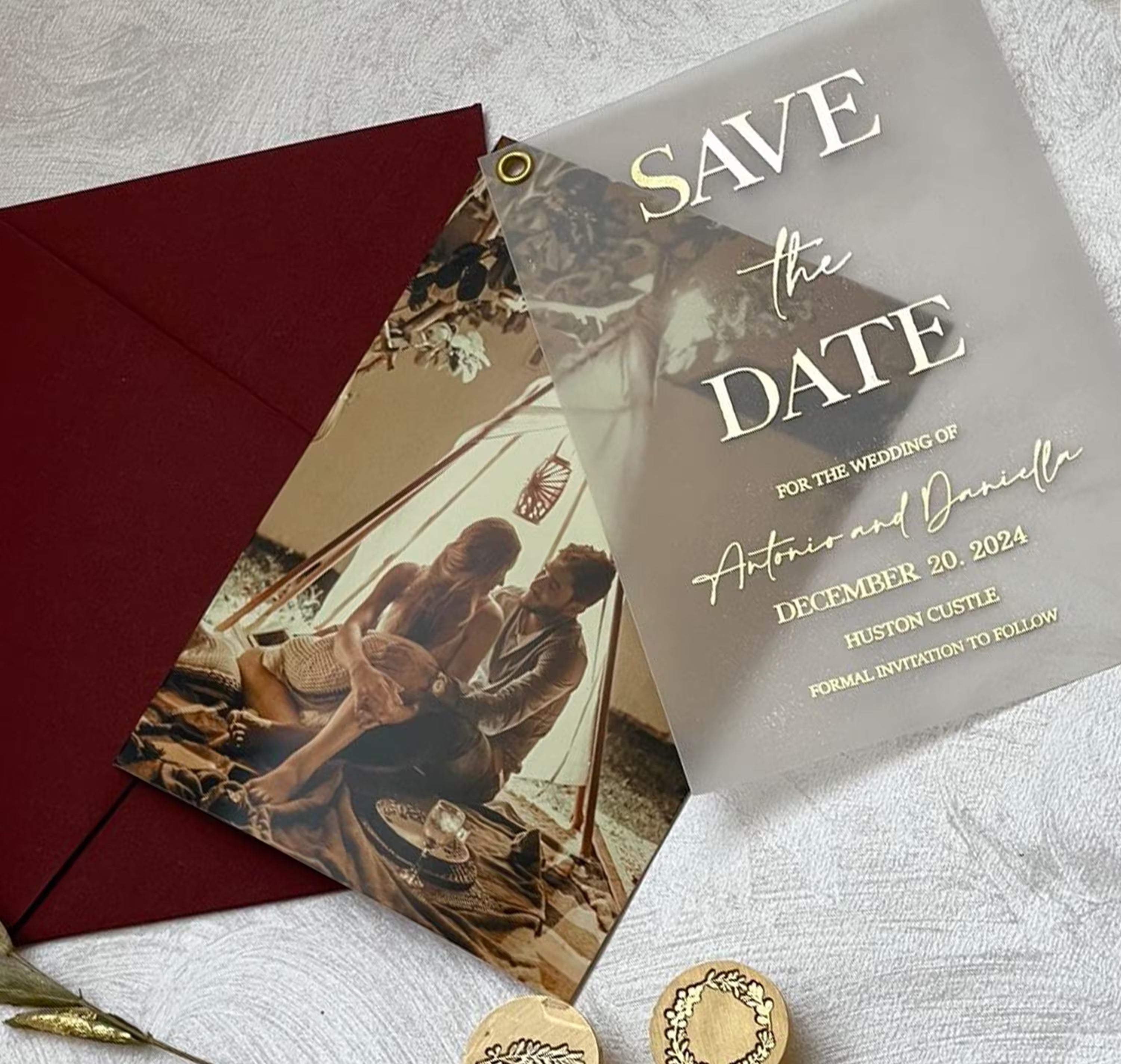 Vellum photo Save the Date wedding card with personalized names, date, and foil details