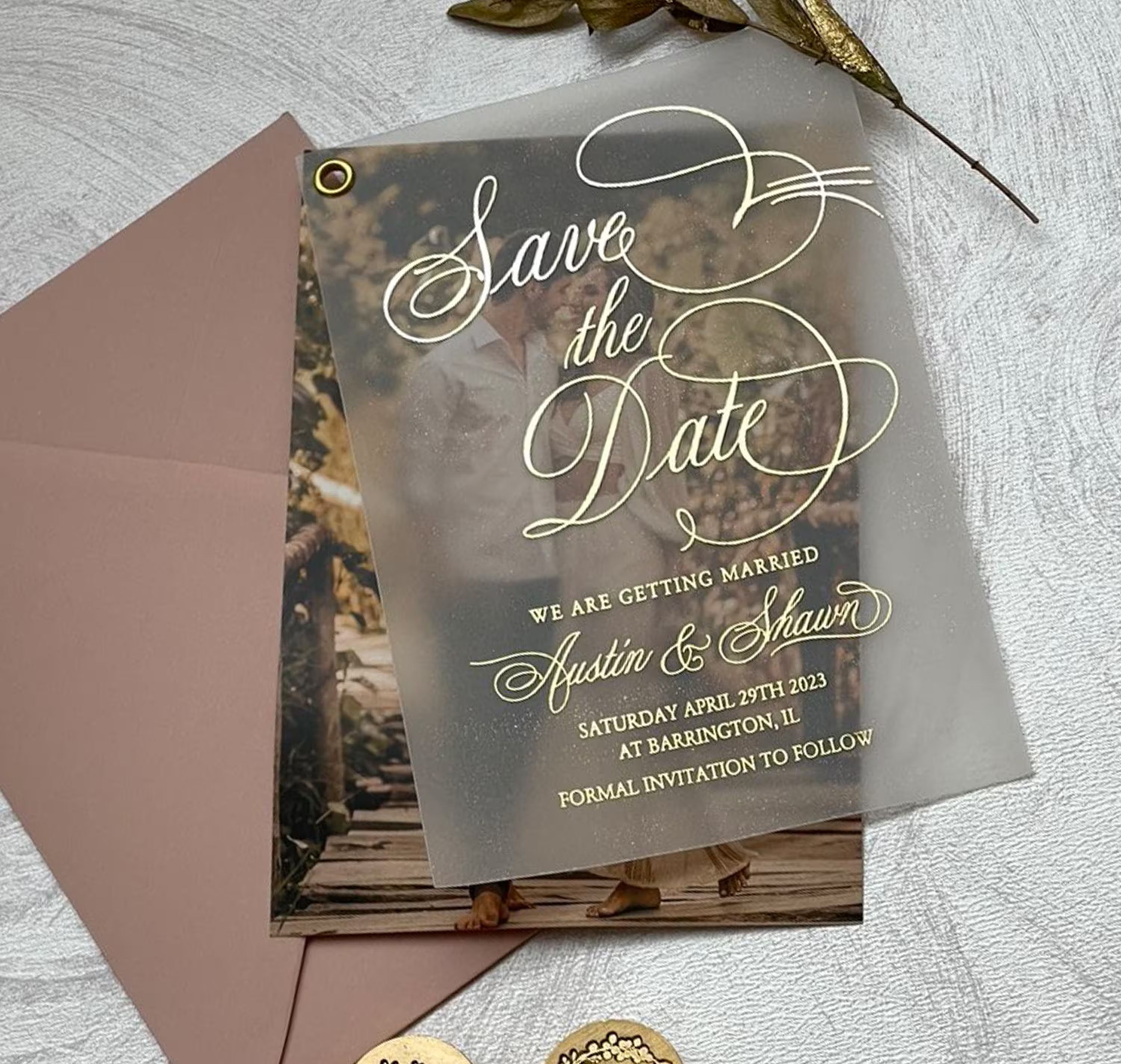 Vellum photo save the date wedding invitation with elegant foil lettering and personalized details
