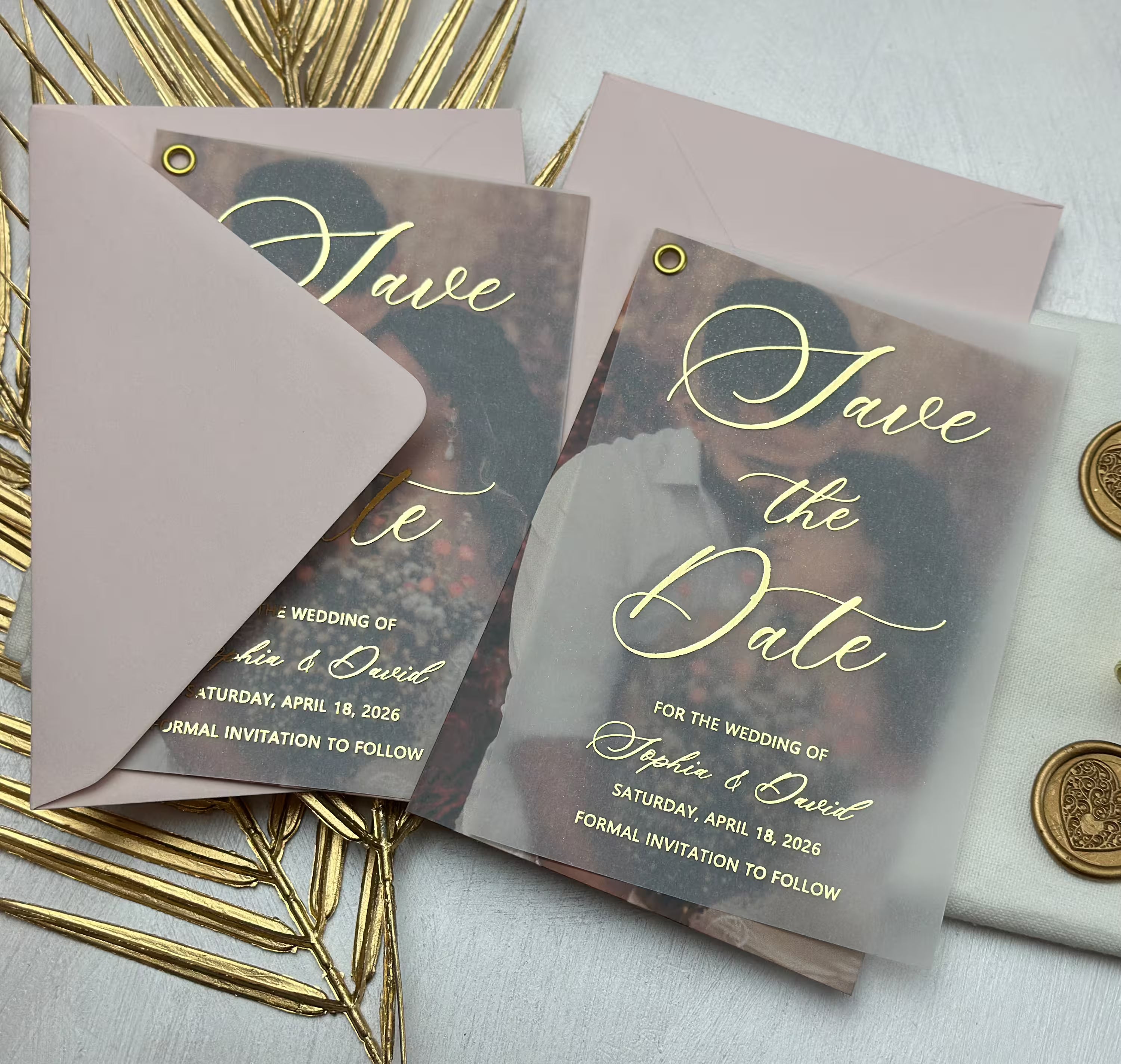 Vellum photo wedding Save the Date with elegant foil calligraphy and personalized names