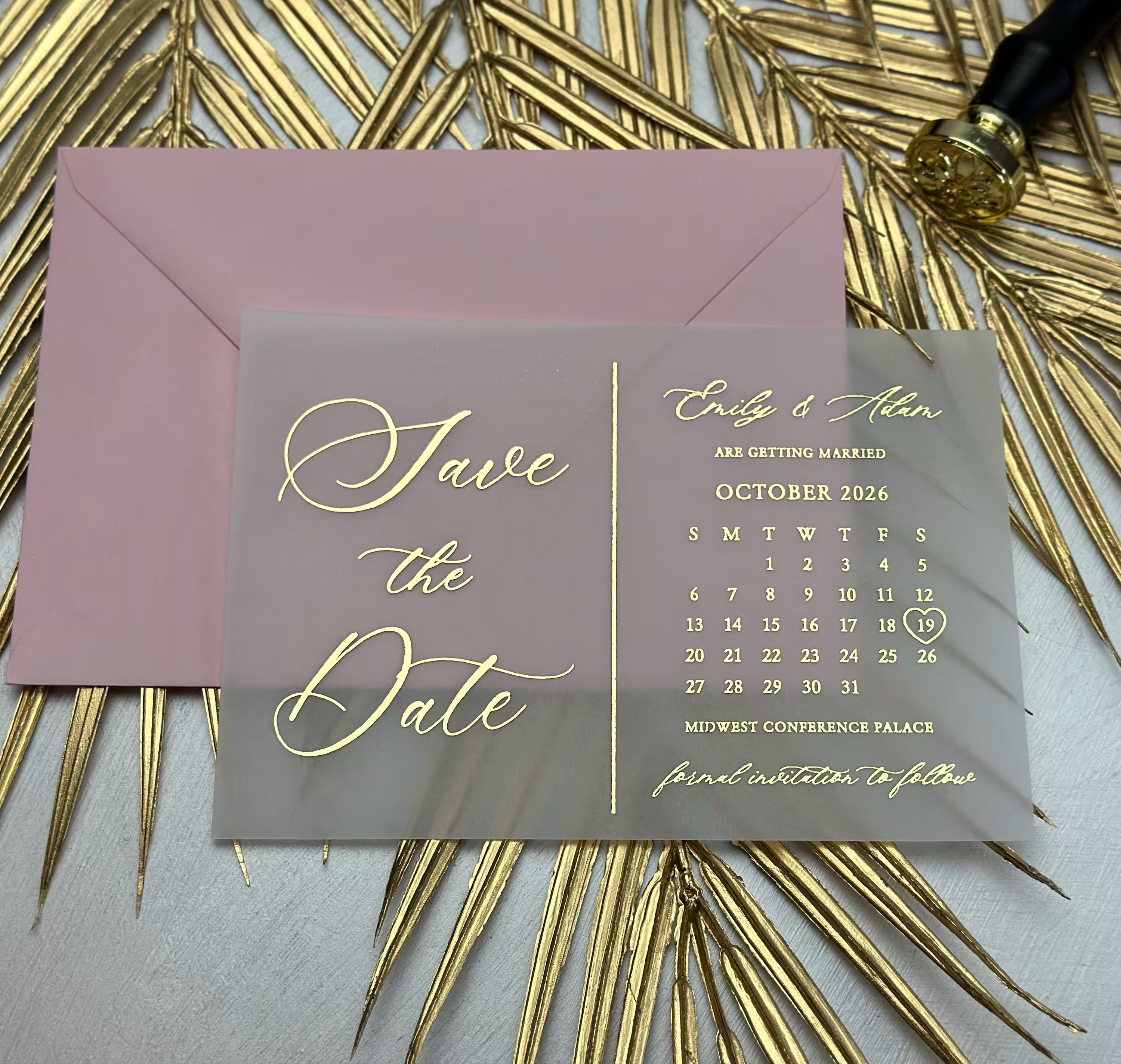 Vellum Save the Date calendar card with gold foil lettering and marked wedding date