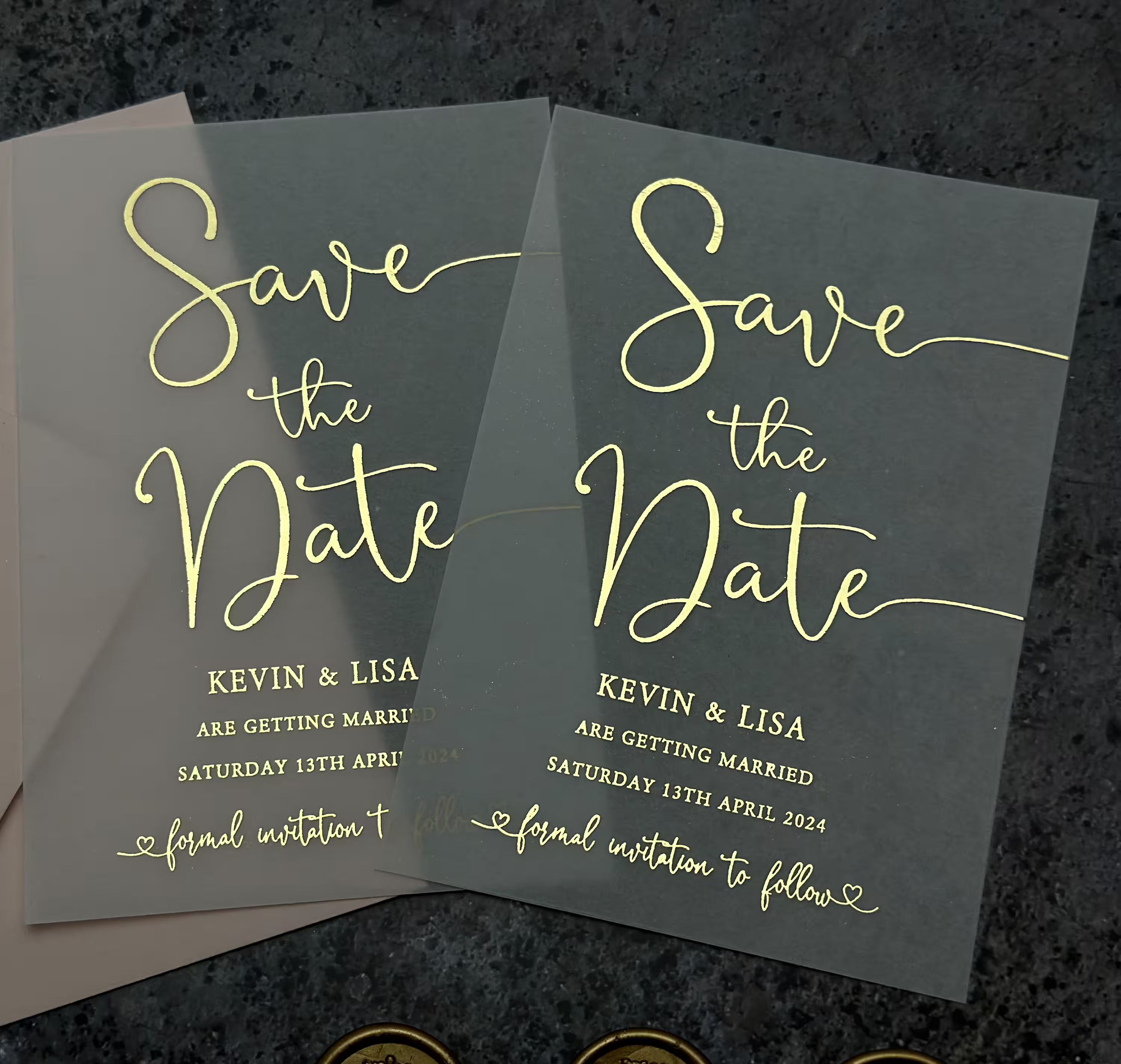 Elegant vellum photo Save the Date with personalized wedding details and envelope