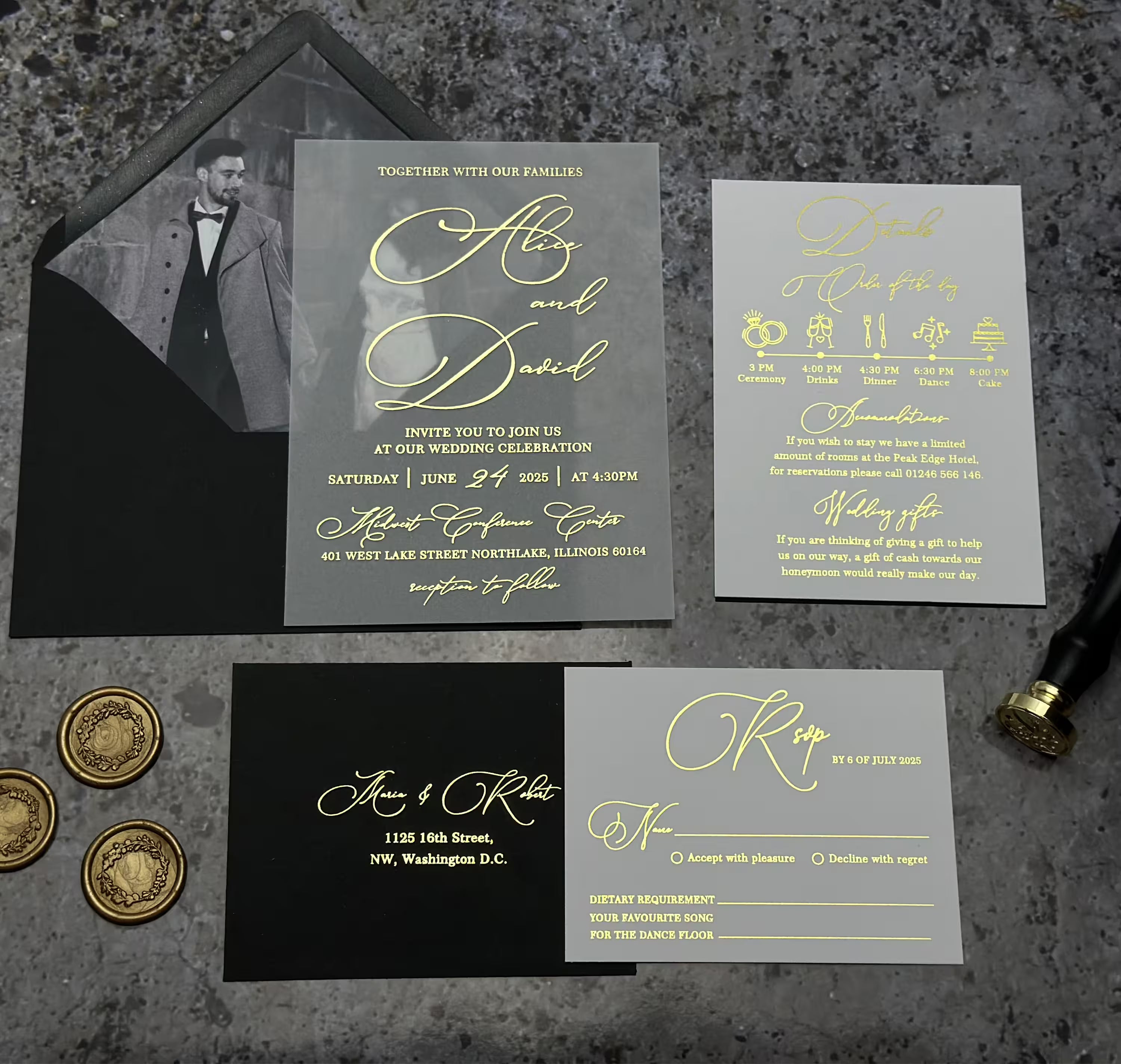 Vellum wedding invitation with custom insert, gold foil calligraphy and personalized photo