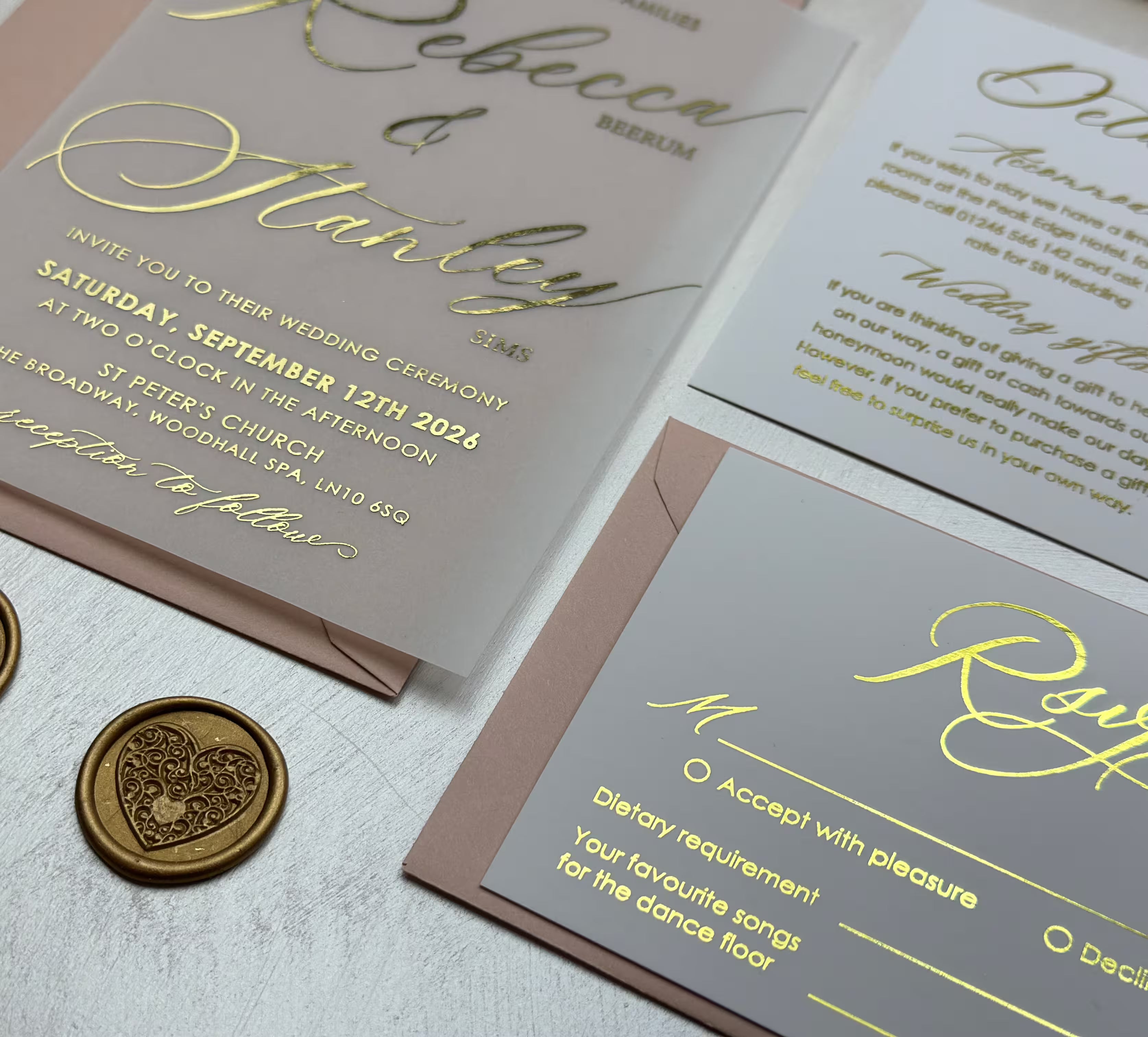 Vellum wedding invitation details card with accommodation and gift notes in gold foil