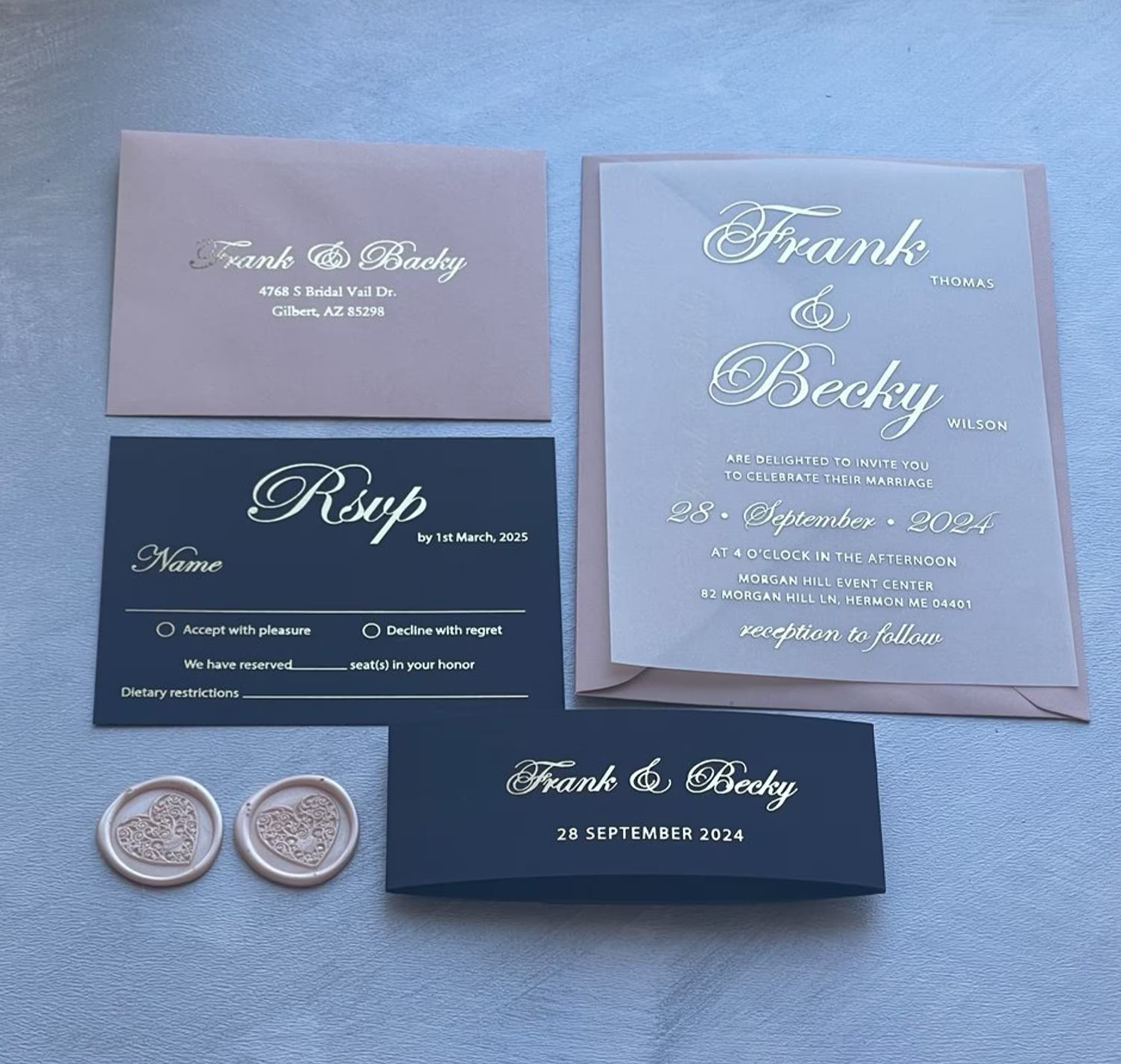 Wedding invitation suite with translucent vellum, foil lettering, RSVP card and personalized details