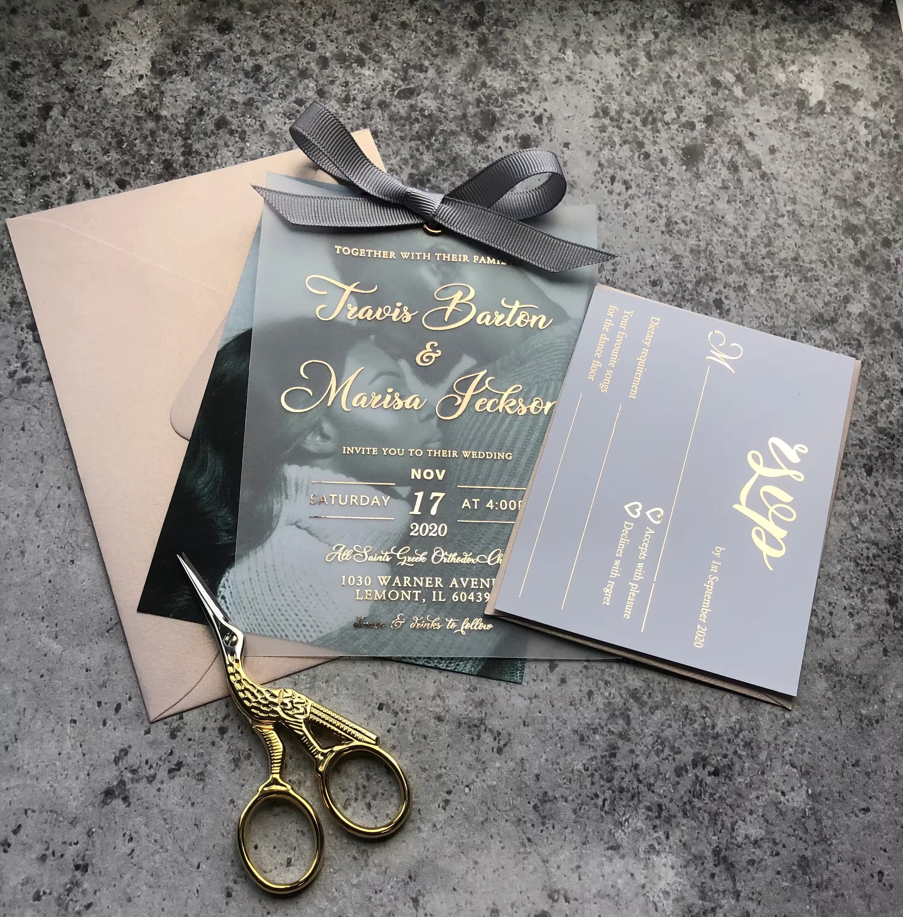 Vellum wedding invitation with photo, foil details and elegant bow