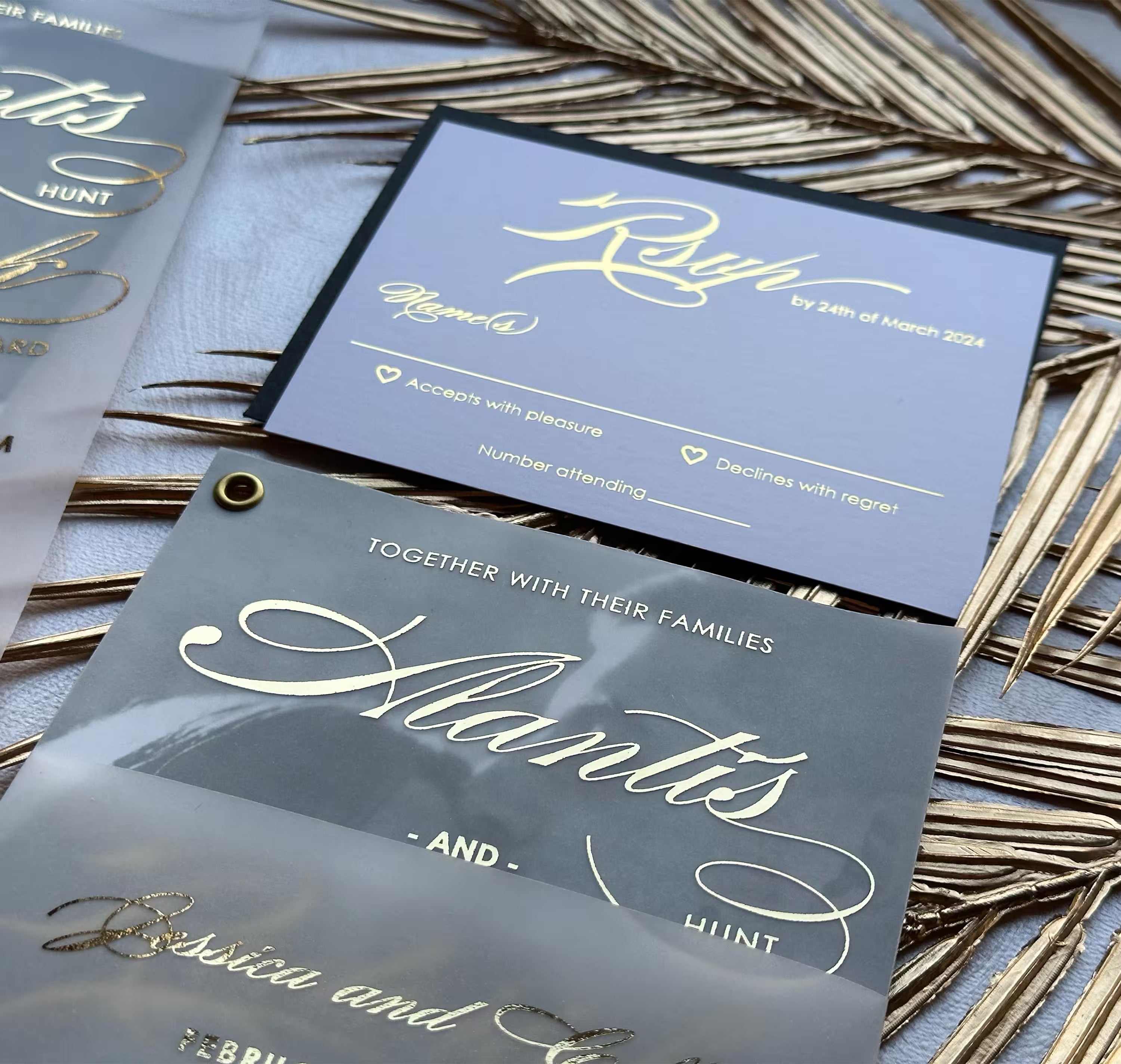 Wedding invitation with picture featuring personalized calligraphy and luminous foil on vellum