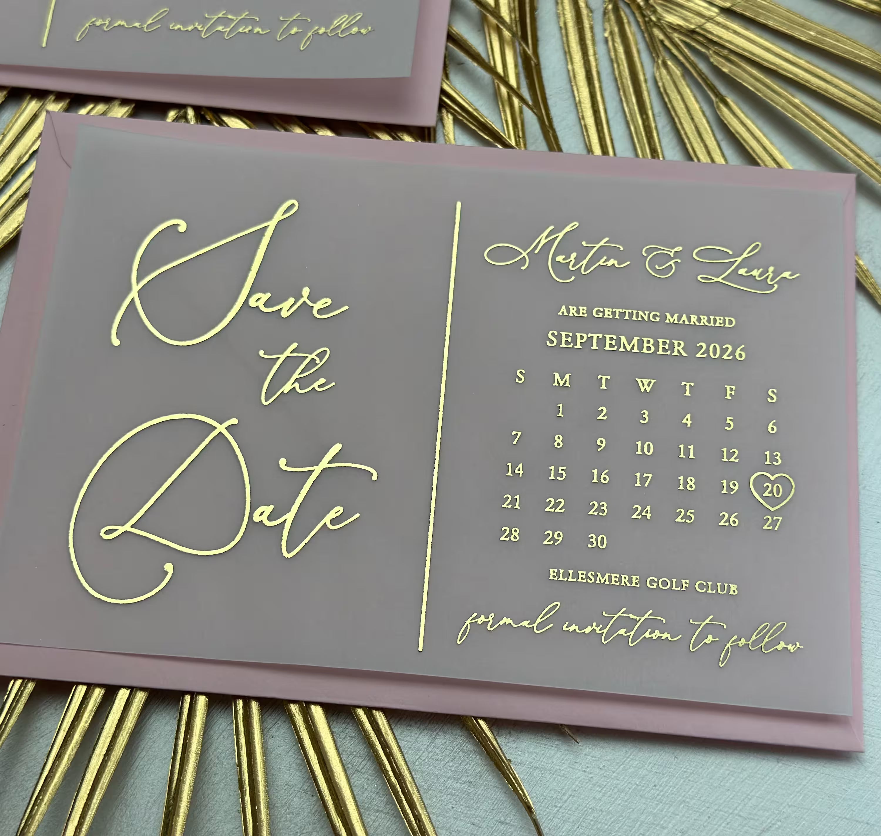 Wedding Save the Date calendar with flowing script and foil on vellum