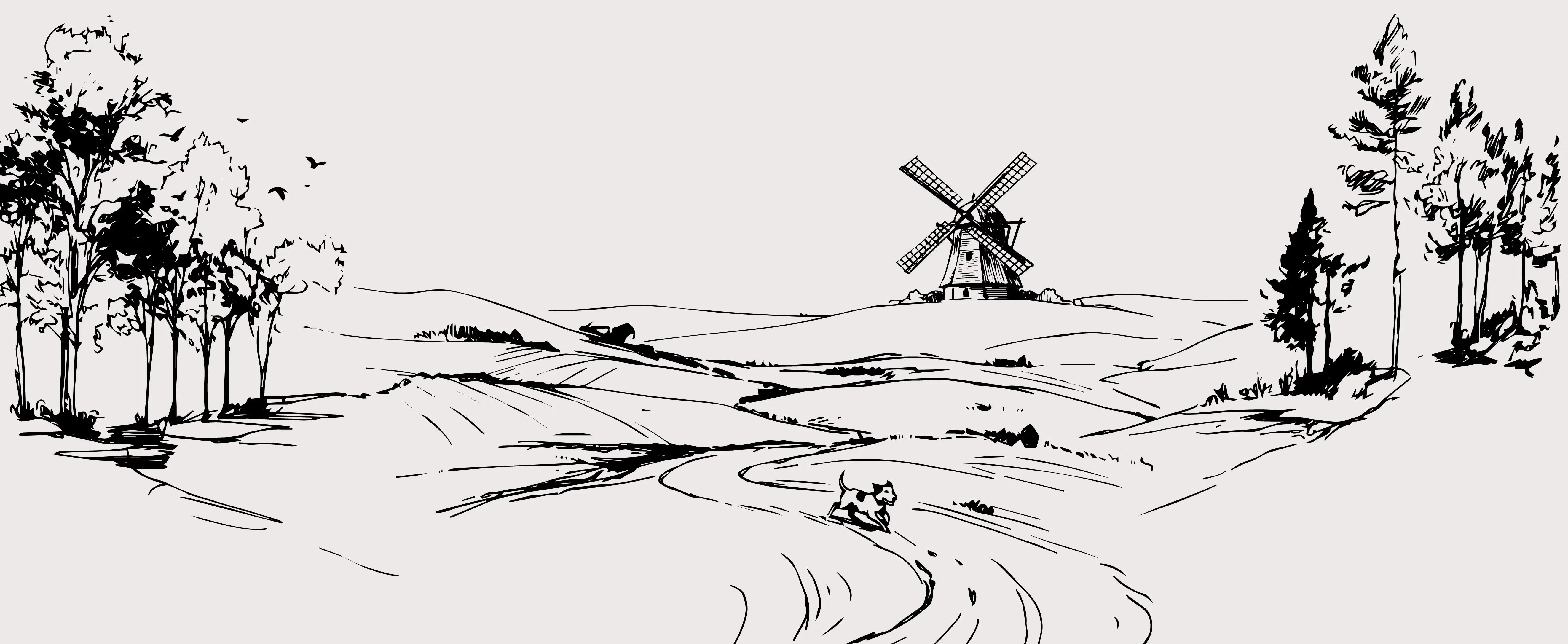 Author’s black and white graphic-style illustration featuring a historic windmill on a rolling countryside landscape with a winding road leading toward it. In the foreground, a small spotted dog is running energetically along the path. The artwork is created with clean contour lines and minimal shading, conveying a sense of openness and movement.