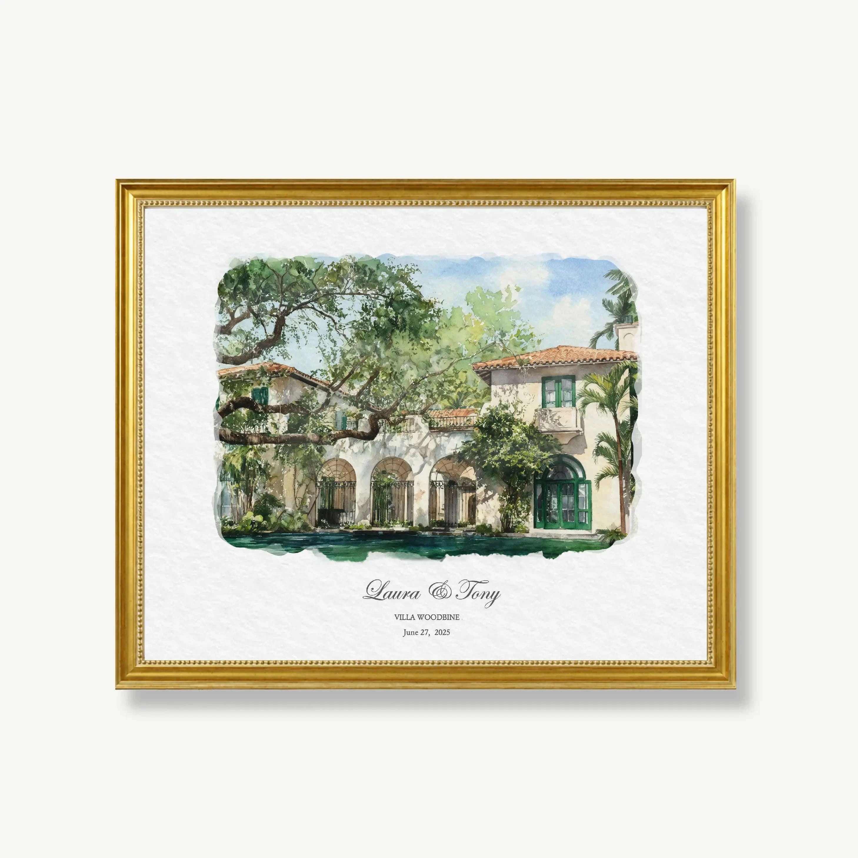 Watercolor Florida wedding venue portrait of Villa Woodbine personalized with names and wedding date.