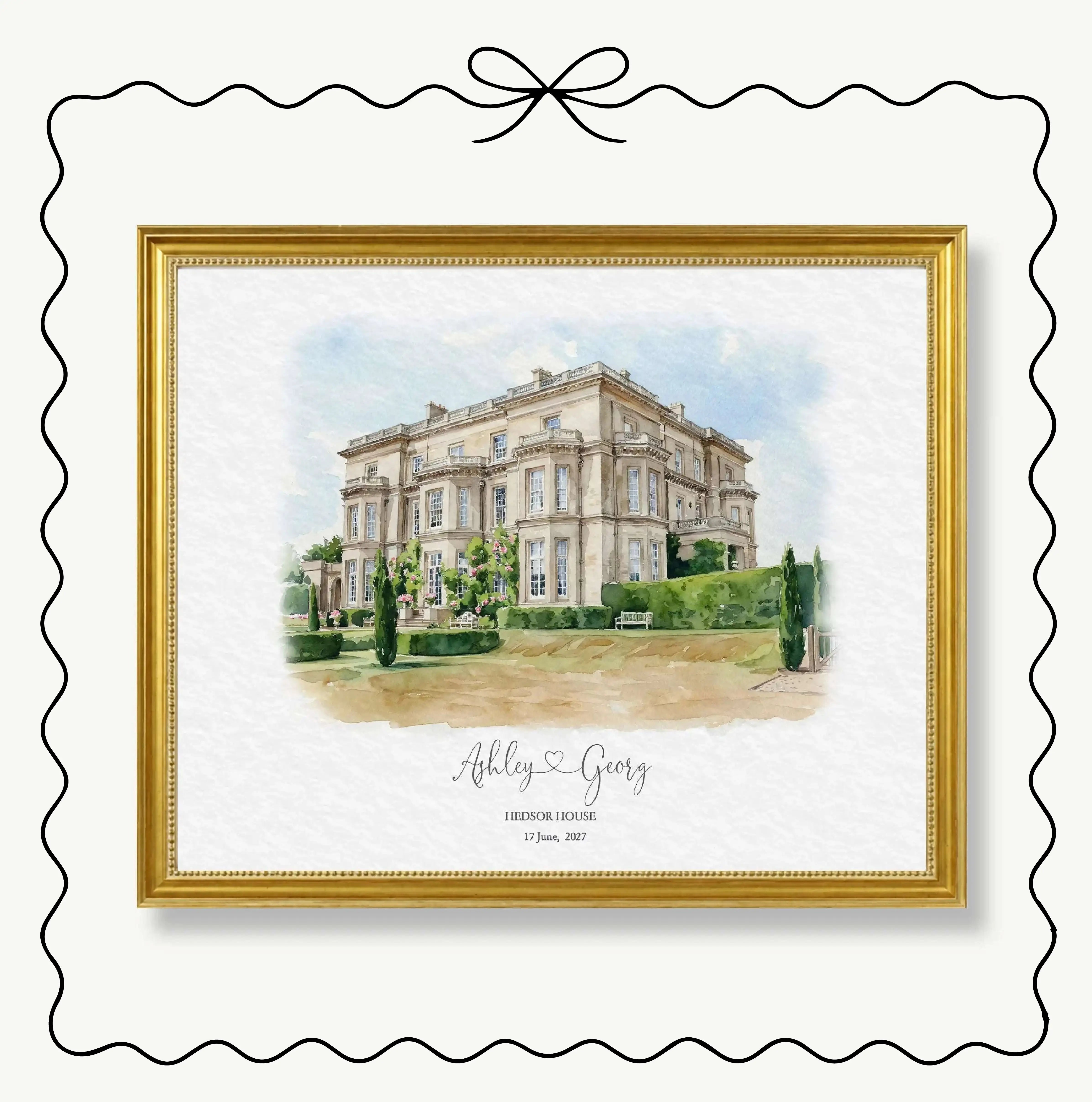 Personalized Hedsor House watercolor portrait, Buckinghamshire wedding venue gift