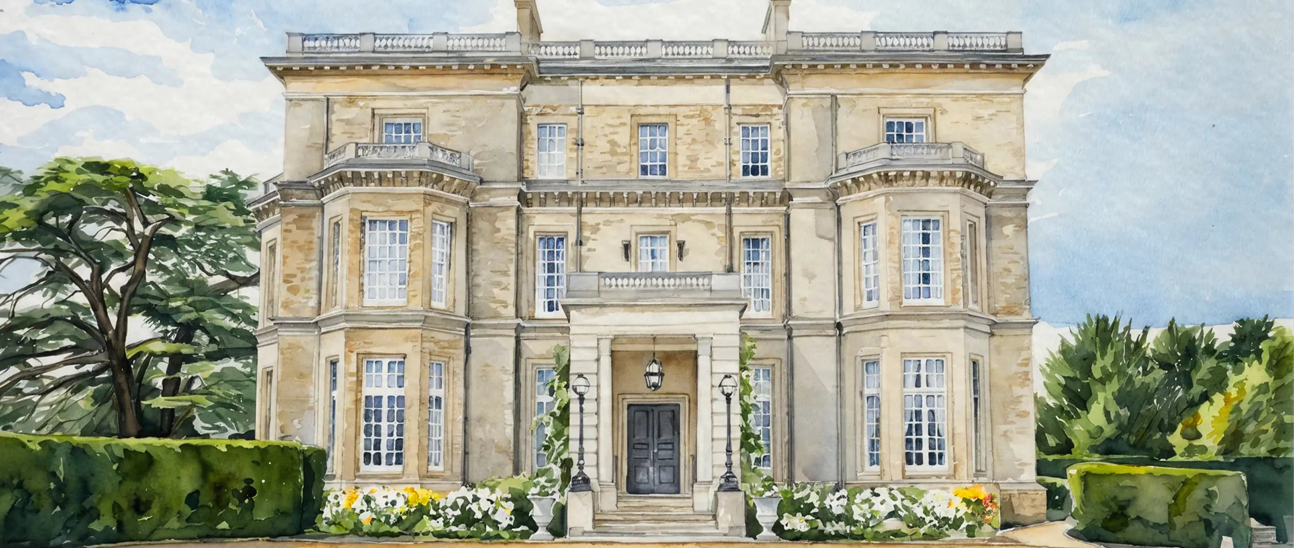 Hedsor House watercolor wedding venue illustration, custom hand painted wedding venue portrait featuring the historic Hedsor House estate in Buckinghamshire, England, elegant wedding venue watercolor artwork from photo