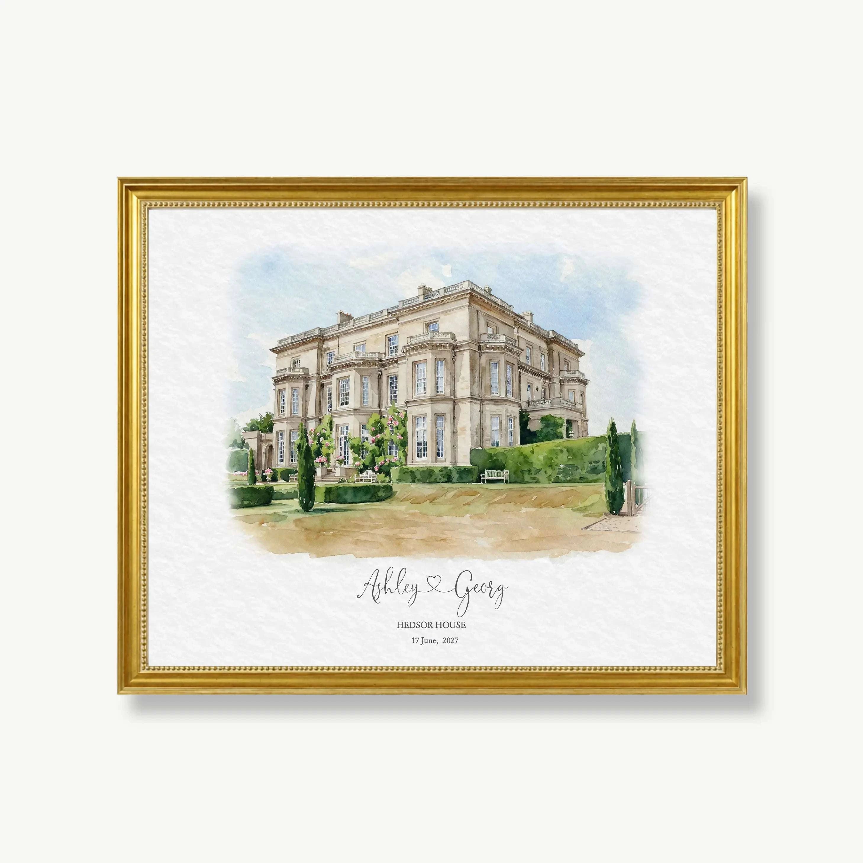Hedsor House watercolor venue illustration wedding portrait, custom hand painted wedding venue artwork featuring the historic Hedsor House estate in Buckinghamshire England