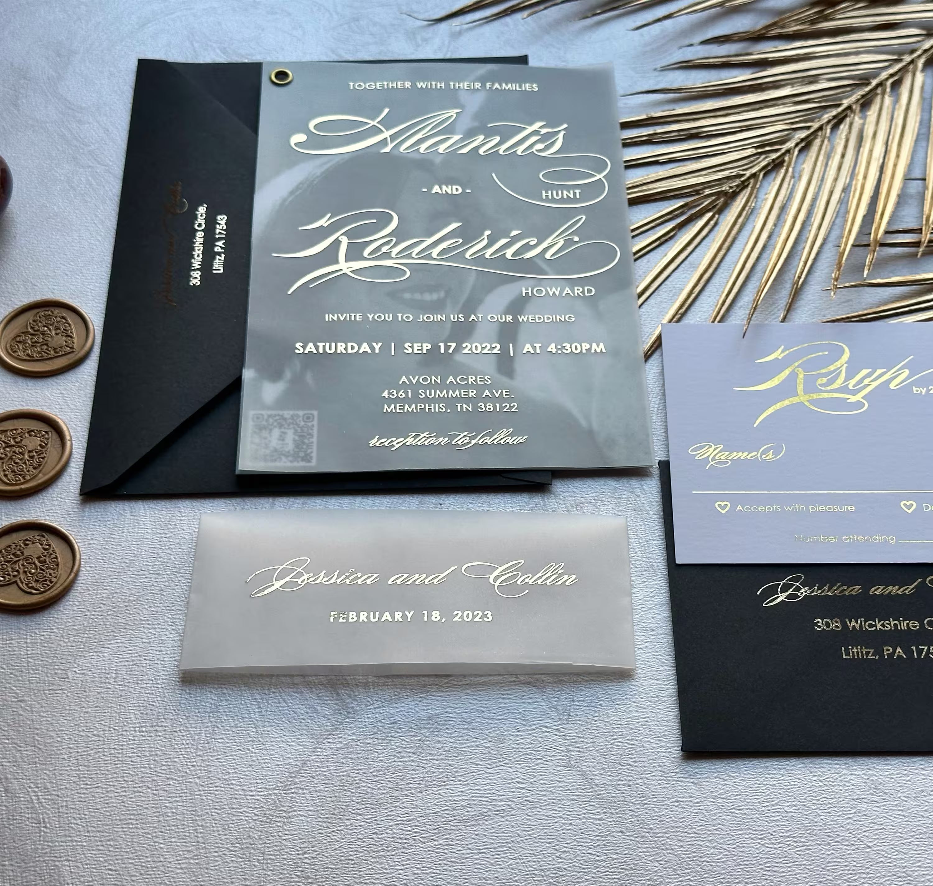 Wedding invitation with photo layered in translucent vellum with elegant foil lettering