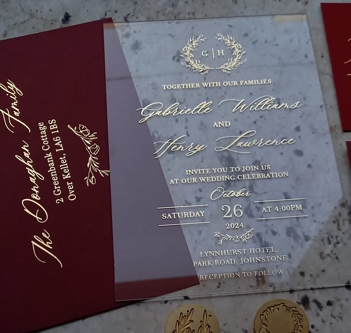 Acrylic wedding invitation with belly band and RSVP card with floral ornament, optional add-ons