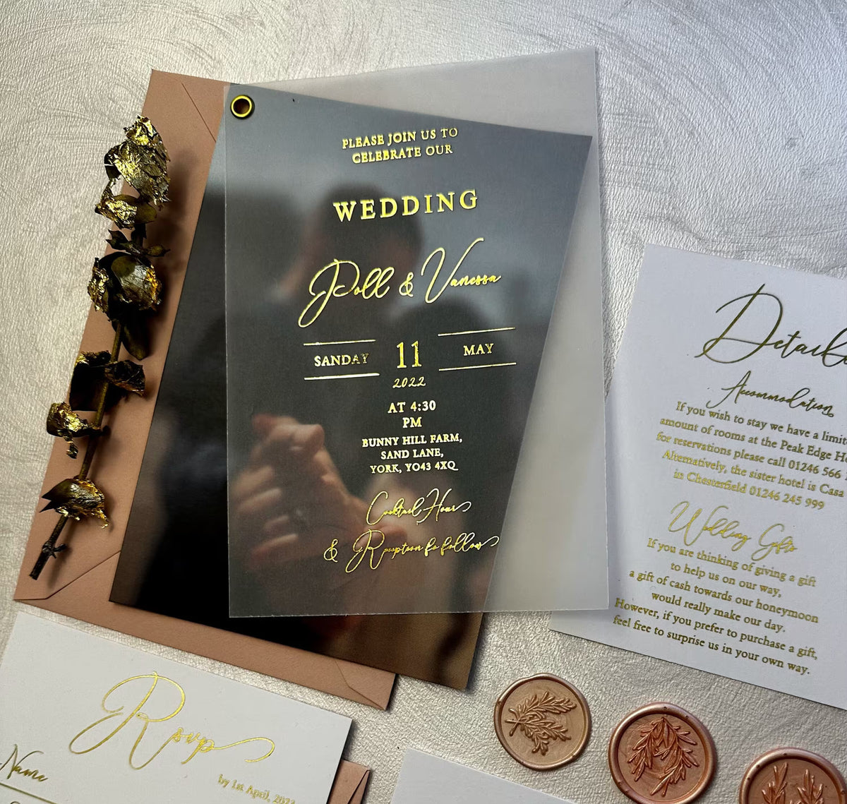 Wedding photo invitation card suite with vellum, personalized details card, RSVP card and Order of the Day wedding program