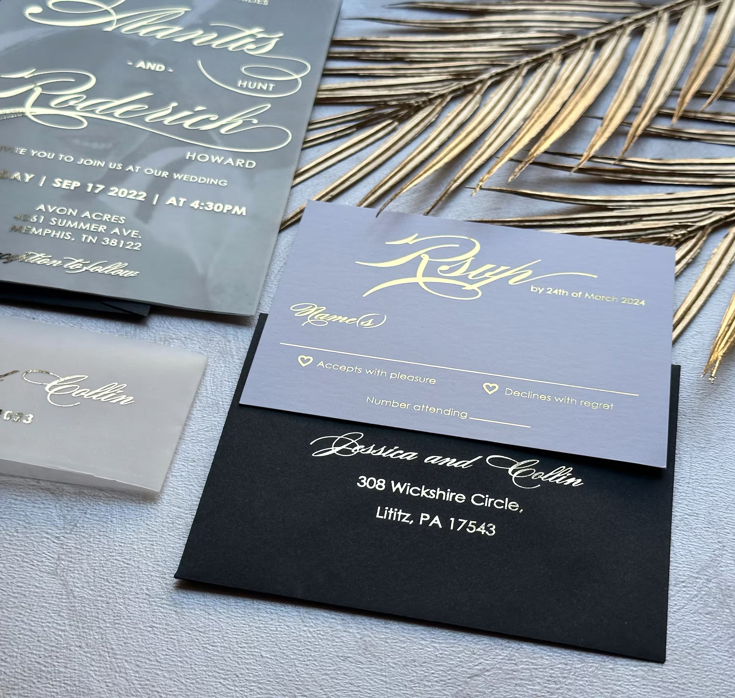 Wedding photo invitation card with translucent vellum, custom foil and personalized details