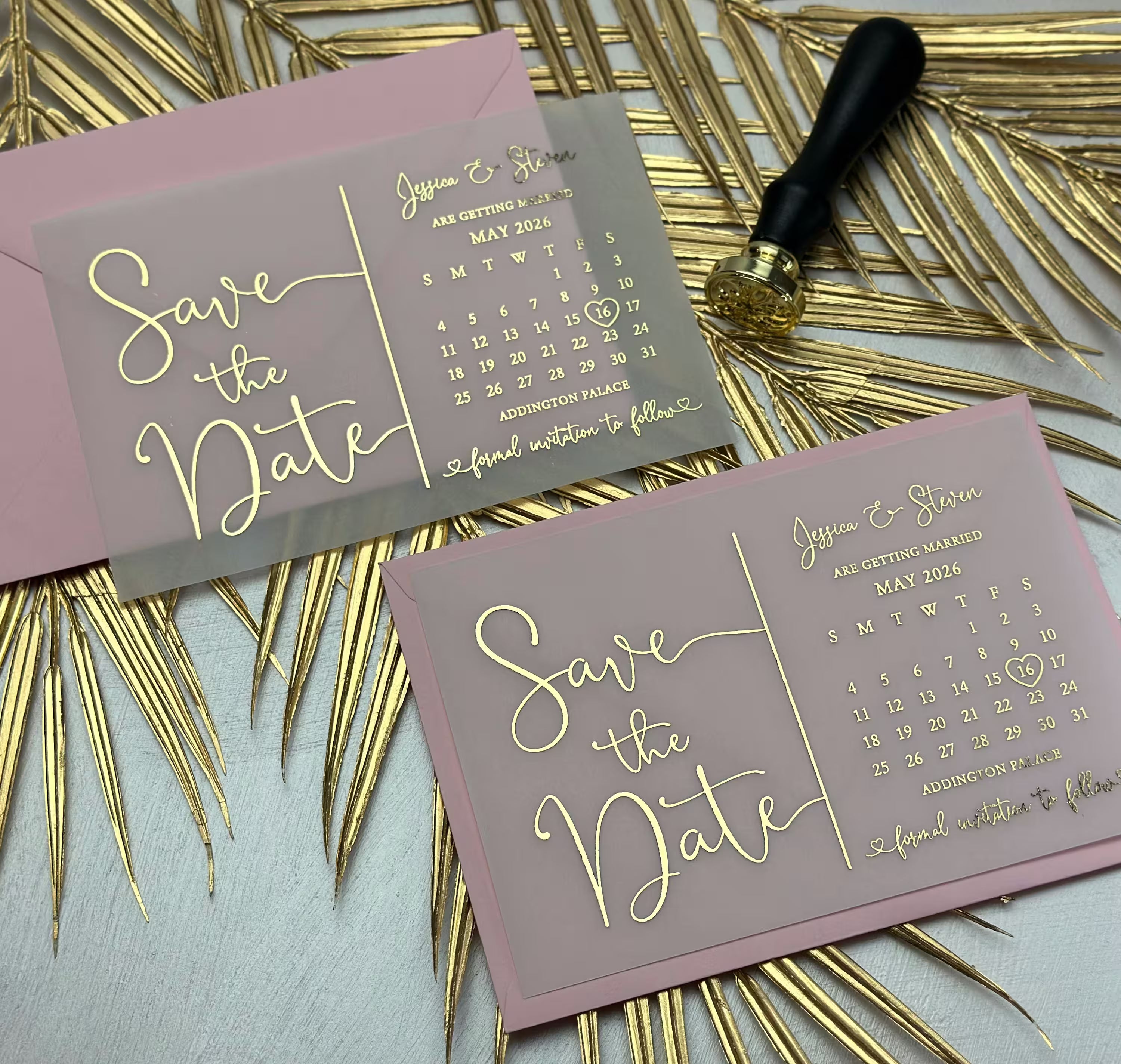 Vellum Save the Date card with calendar design and  foil details