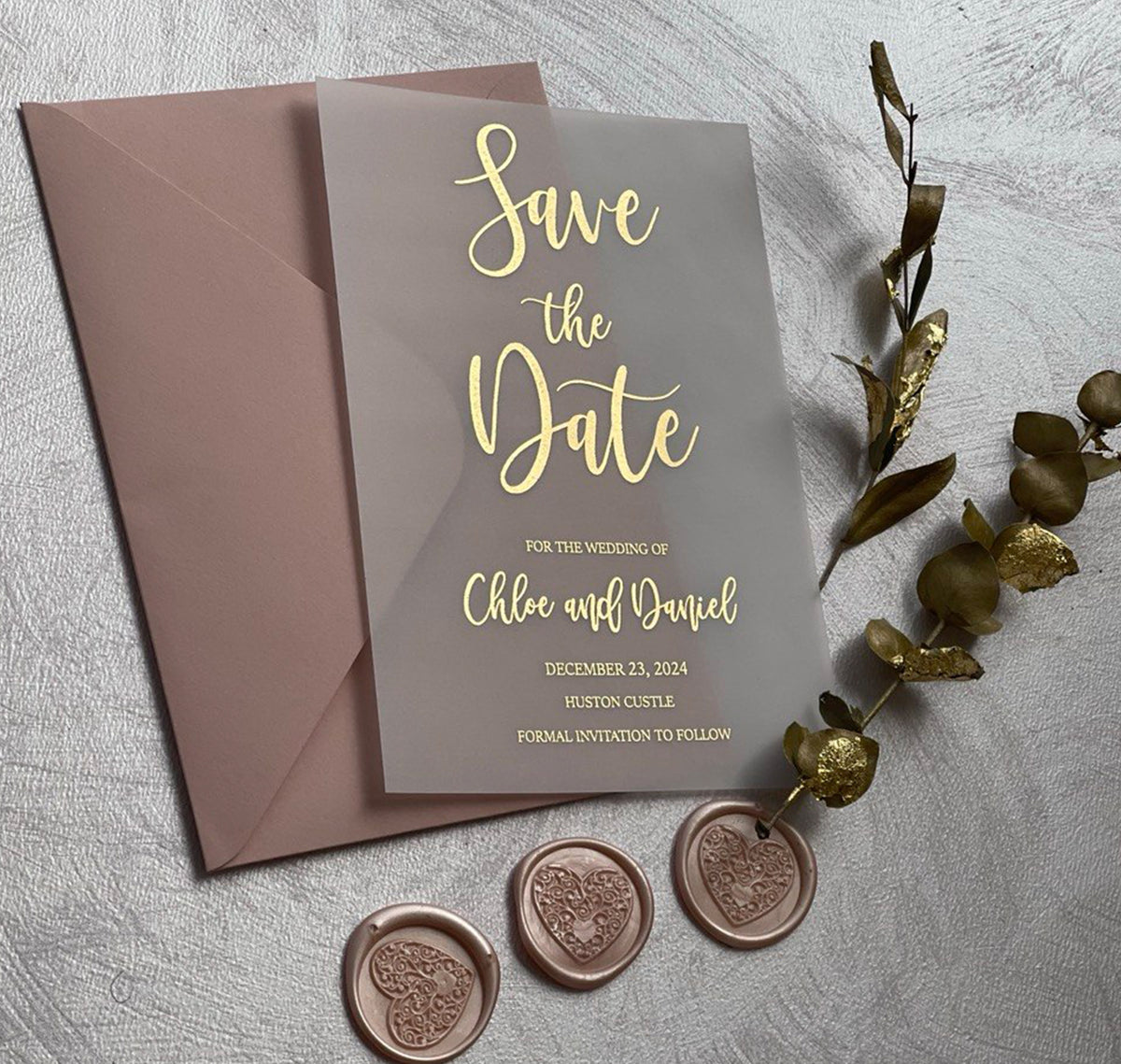 Wedding save the date cards on vellum with the line formal invitation to follow, a personalized custom save the date shown with an envelope.