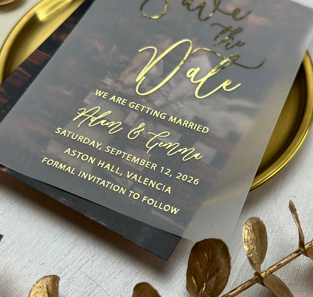 Save the date picture card with translucent vellum layer, names, wedding date and venue in foil